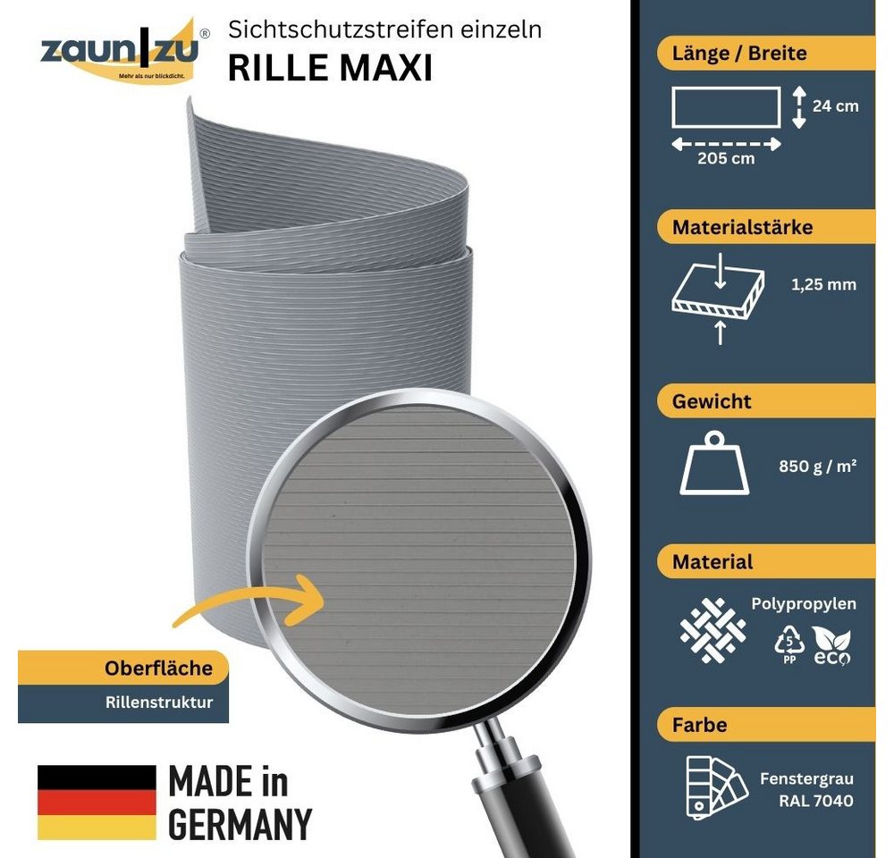 Thumbnail - zaunzu Sichtschutzstreifen Rille Maxi Einzelstreifen Sichtschutz 24cm hoch Fenstergrau 2,05m, (1x Einzelstreifen, 24cm h...