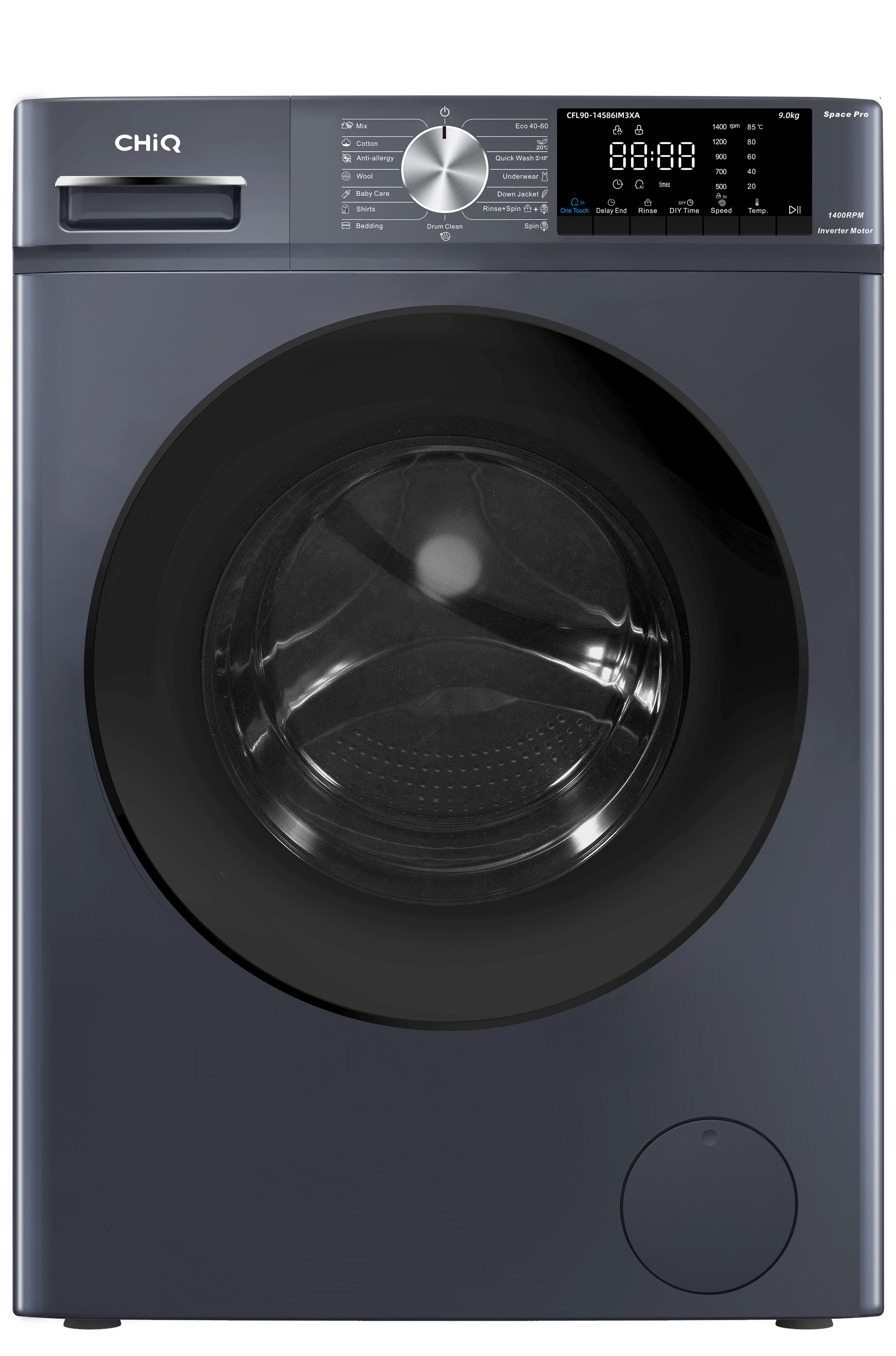 CHiQ Waschmaschine Space Pro CFL90-14586IM3XA, 9 kg, 1400 U/min, Ein-Klick Waschen, Dampfwäsche, 12 Jahre Gratis Garantie auf den Motor
