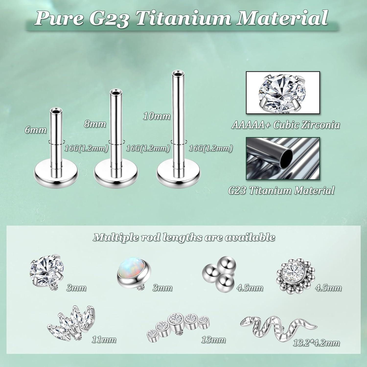 Adramata Piercing-Set G23 Titan Helix Tragus Piercings Innengewinde Labret Lippenpiercing – Bild 3 von 5