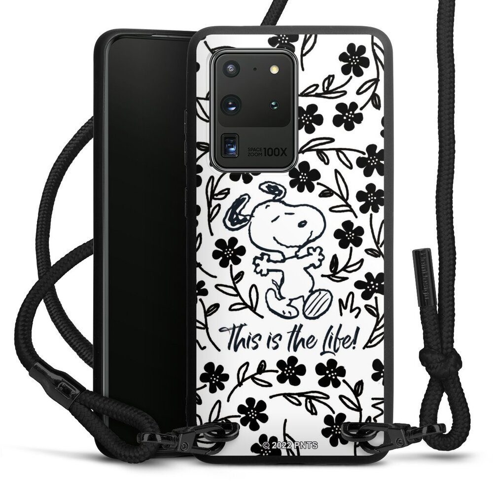 DeinDesign Handyhülle Peanuts Blumen Snoopy Snoopy Black and White This Is The Life, Samsung Galaxy S20 Ultra Premium Handykette Hülle mit Band