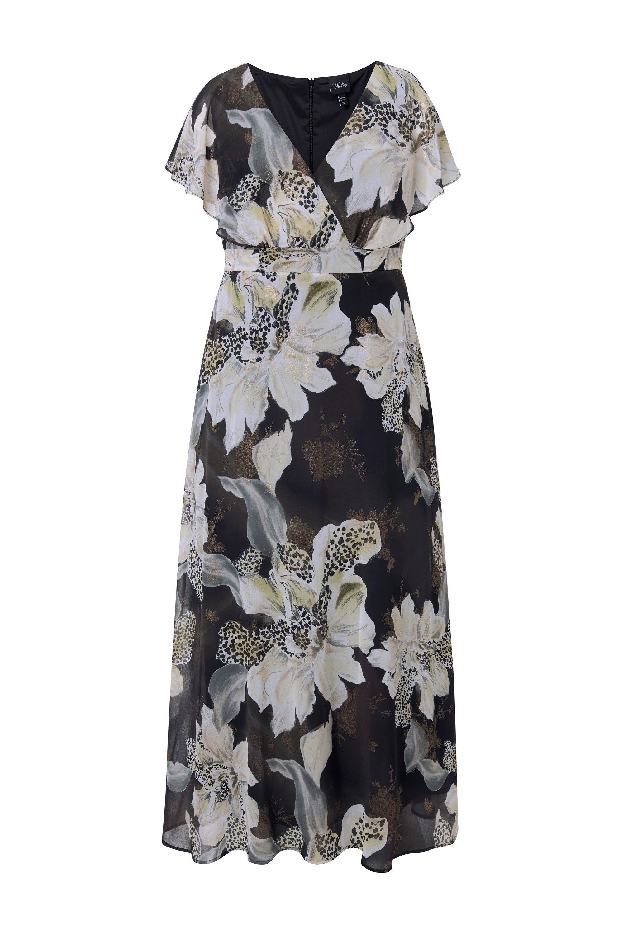 Ulla Popken Partykleid Maxikleid Gürtel V-Ausschnitt Flügel-Halbarm günstig online kaufen