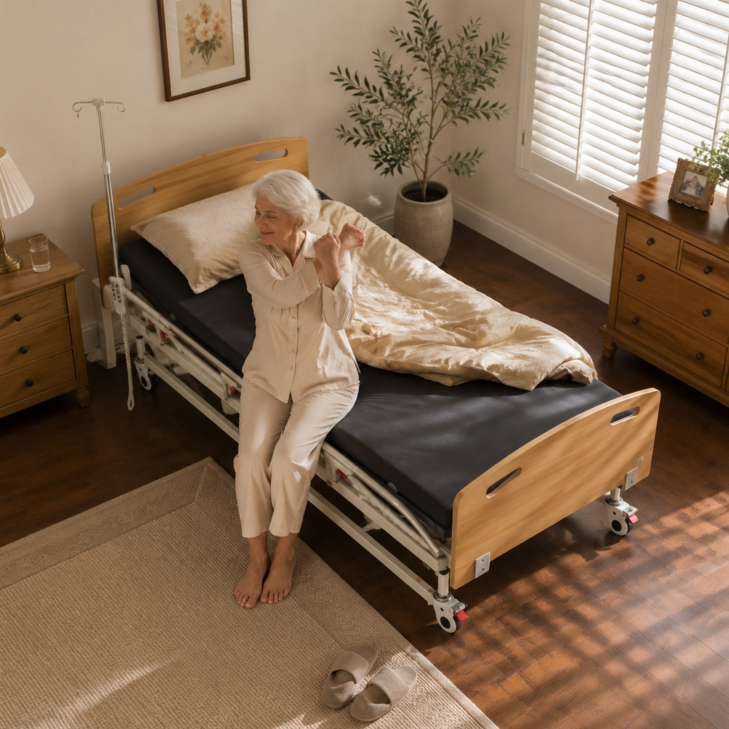 Vankel Bett Elektrisches Pflegebett mit 4 Funktionen, Matratze & max.205kg (Seitenschutz und Lattenrost inklusive, elektrisch verstellbar), mit Fernbedienung, Seitengittern, Tischplatte & Infusionsständer