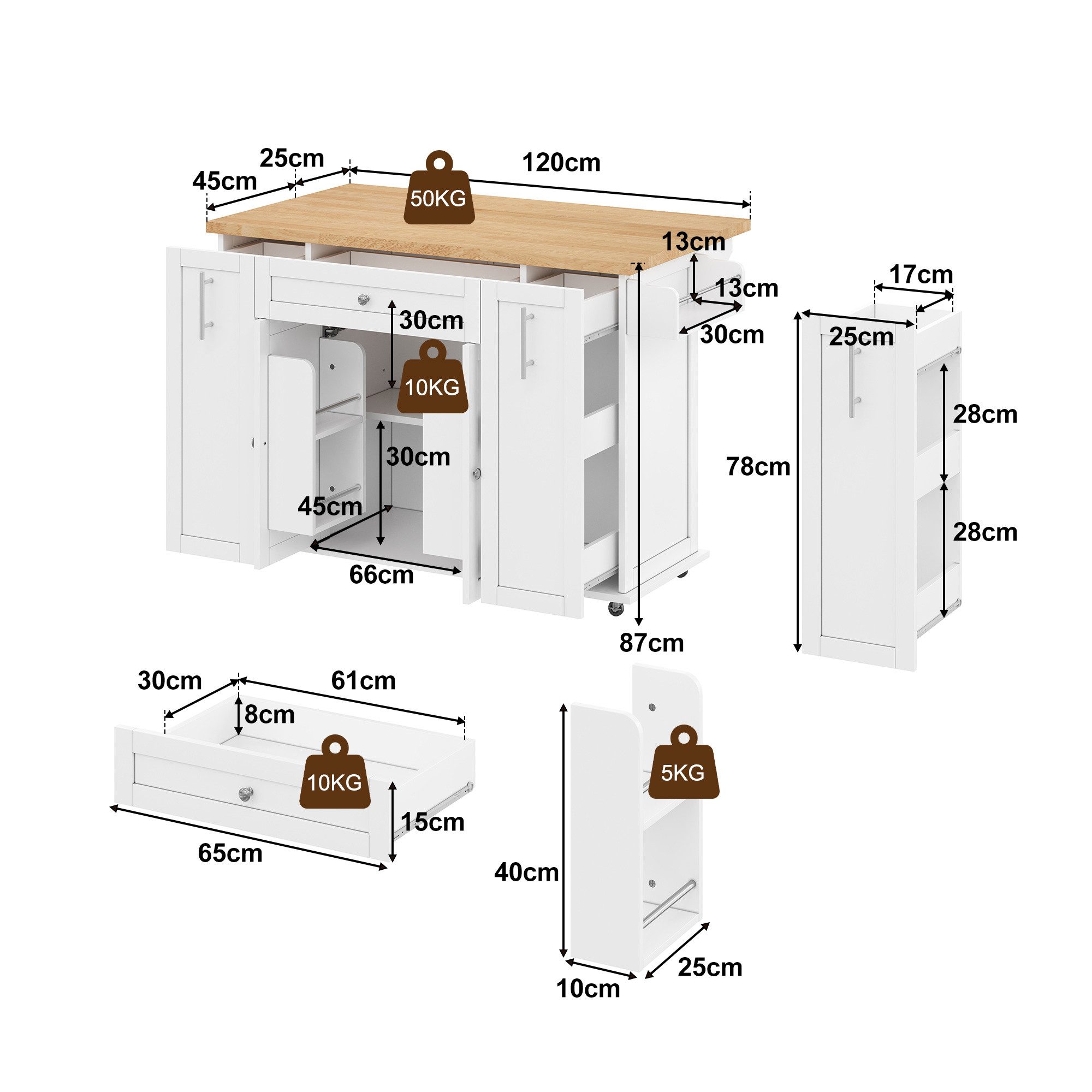 Celya Kücheninsel Mobile Küchenwagen mit klappbarer Arbeitsplatte, (120 × 45 (70) × 87 cm), mit 3 vertikalen Schubladen, 2 Türregalen und feststellbaren Rollen