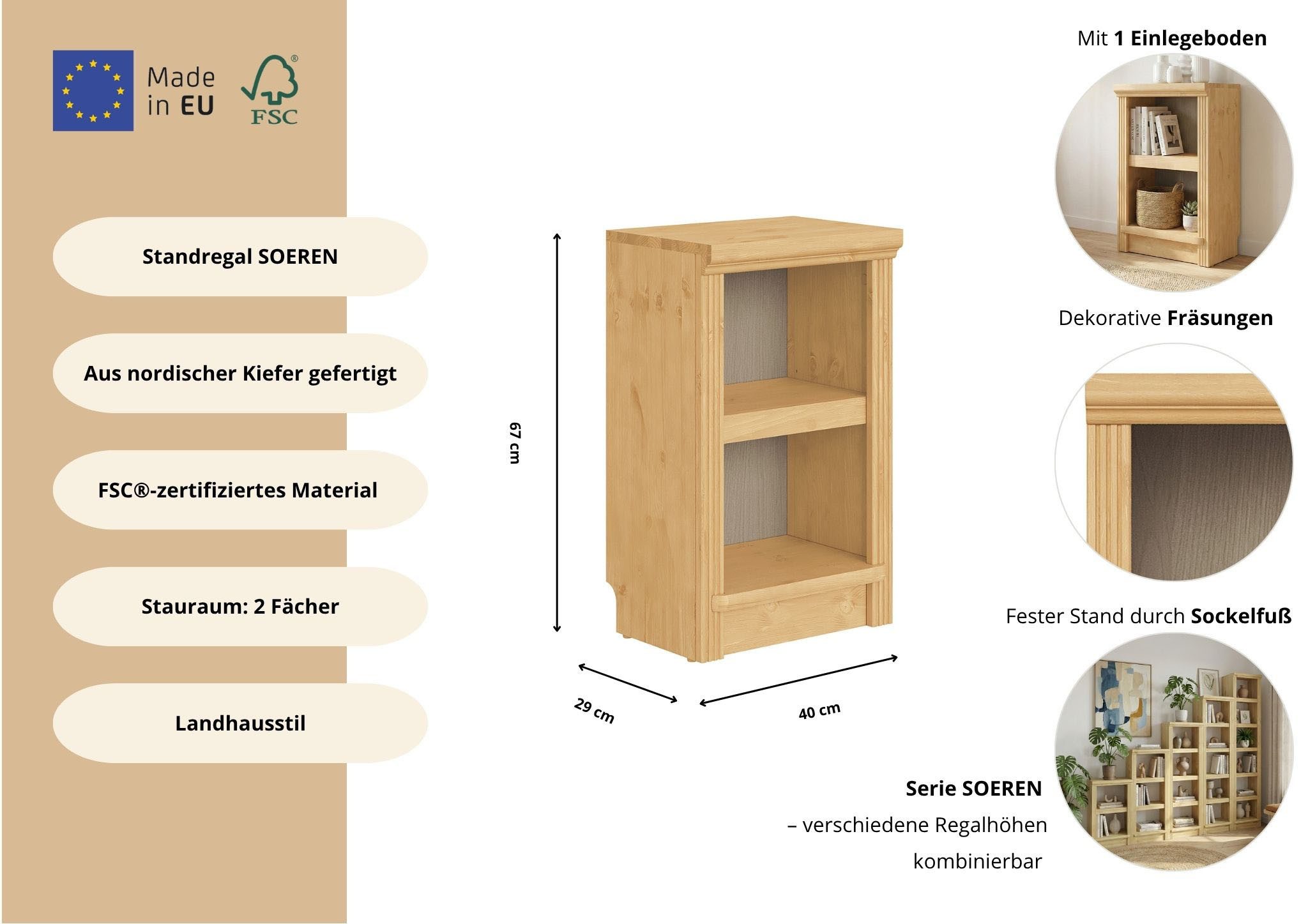 OTTO home Standregal Riga Bücherregal Regal Breite/Tiefe 40/29 cm, aus massiver Kiefer, FSC®-zertifiziert