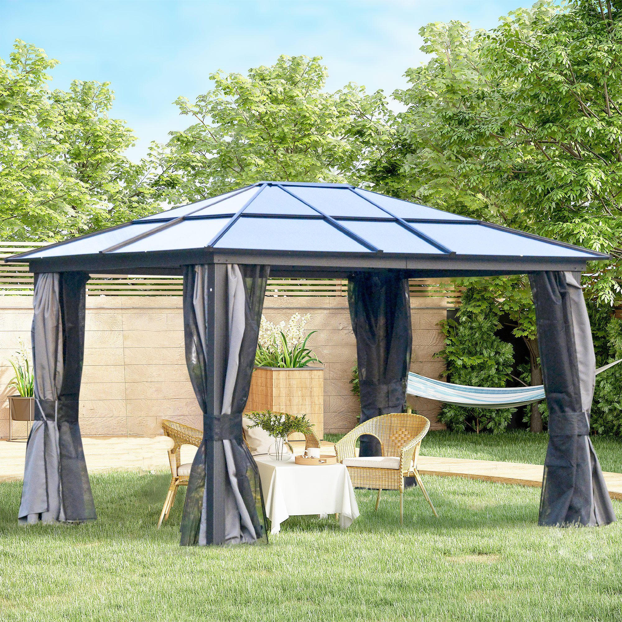 Outsunny Pavillon Gartenzelt mit Polycarbonatdach, Vorhänge mit Fliegennetz, mit 4 Seitenteilen, (Partyzelt, Gartenpavillon), für Garten, Balkon, Dunkelgrau