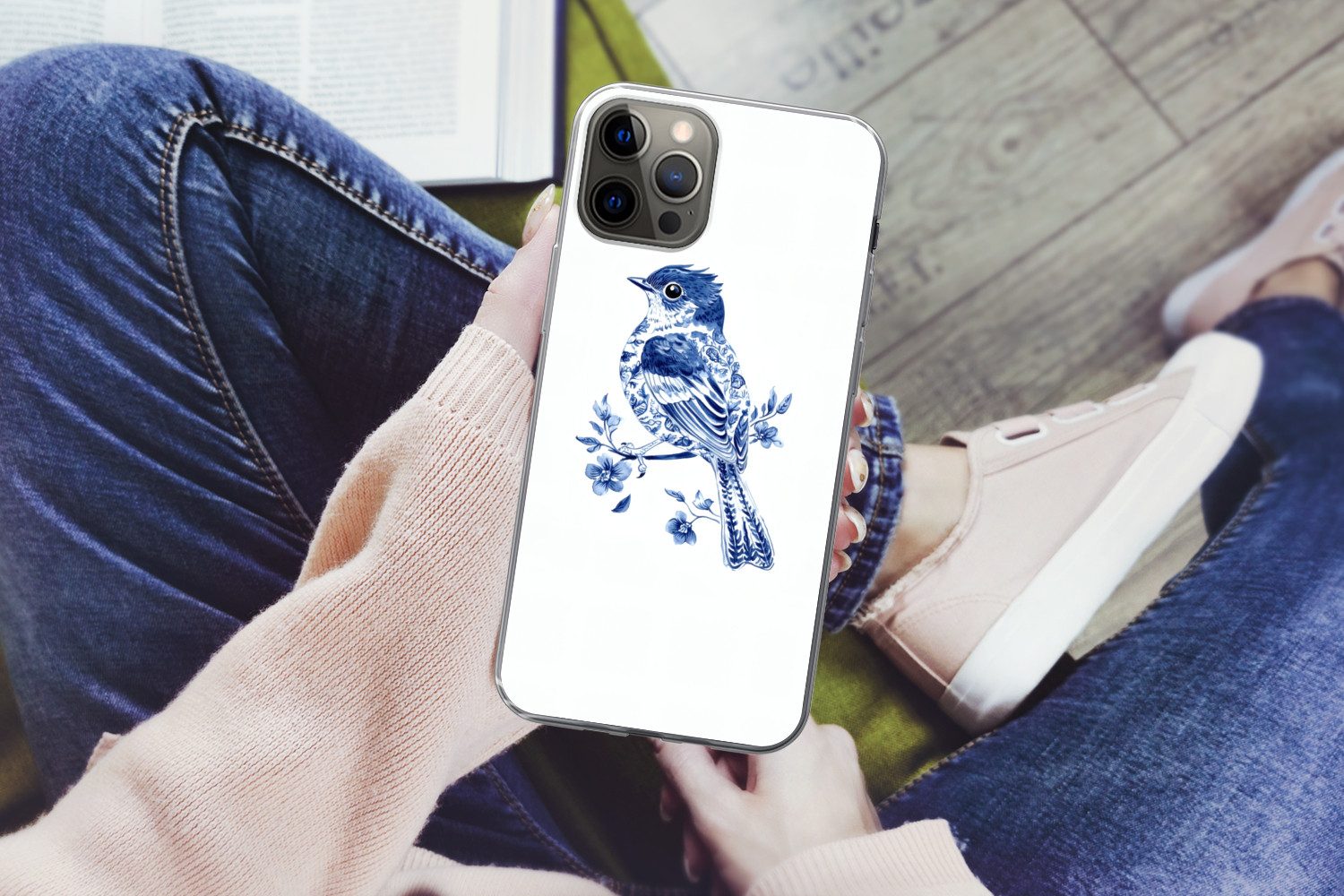 MuchoWow Handyhülle für Apple iPhone 13 Pro Max Vogel - Delfter Blau - Illustration - Blum, Smartphone-Bumper, Print, Handy Schutzhülle Dünn