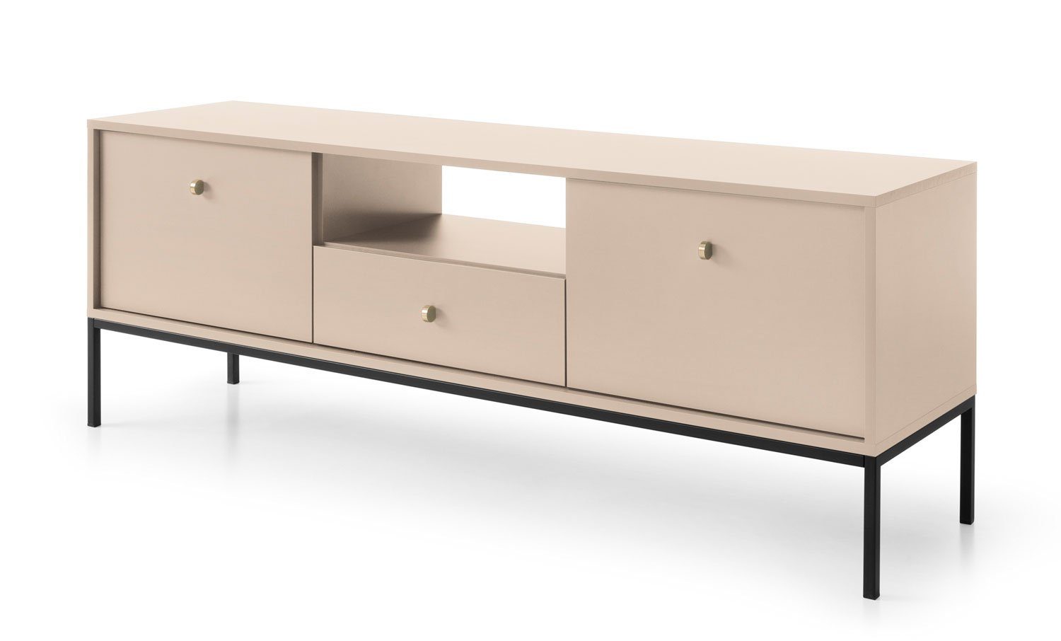 Feldmann-Wohnen Lowboard Mono (2-türig, 1 Schublade, 1 offenes Fach, 1 St., moderne Optik, Möbelknäufe, Metallfüße), 153x39x56cm Beige Matt 2-türig