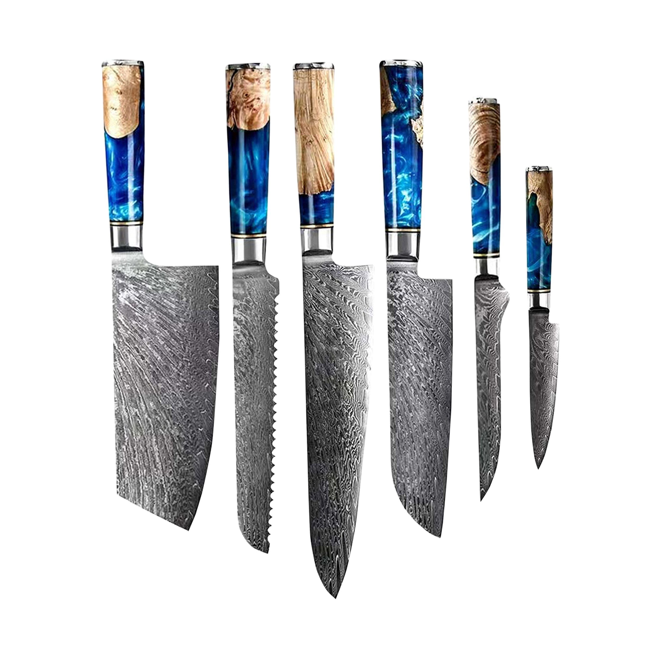 Shinrai Japan Messer-Set Messerset - 6-teiliges Damastmesser Set - Messer Epoxy Sapphire, Handgefertigt bis ins Detail
