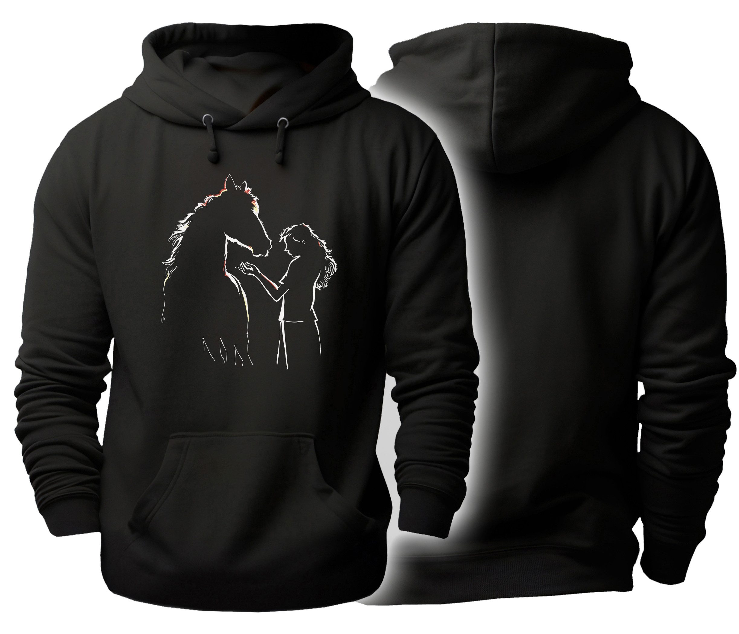 MyDesign24 Hoodie Pferde Kapuzen Pulli - Pferd mit Frau Silhouette Herren und Damen Kapuzensweater mit Pferde Print i139