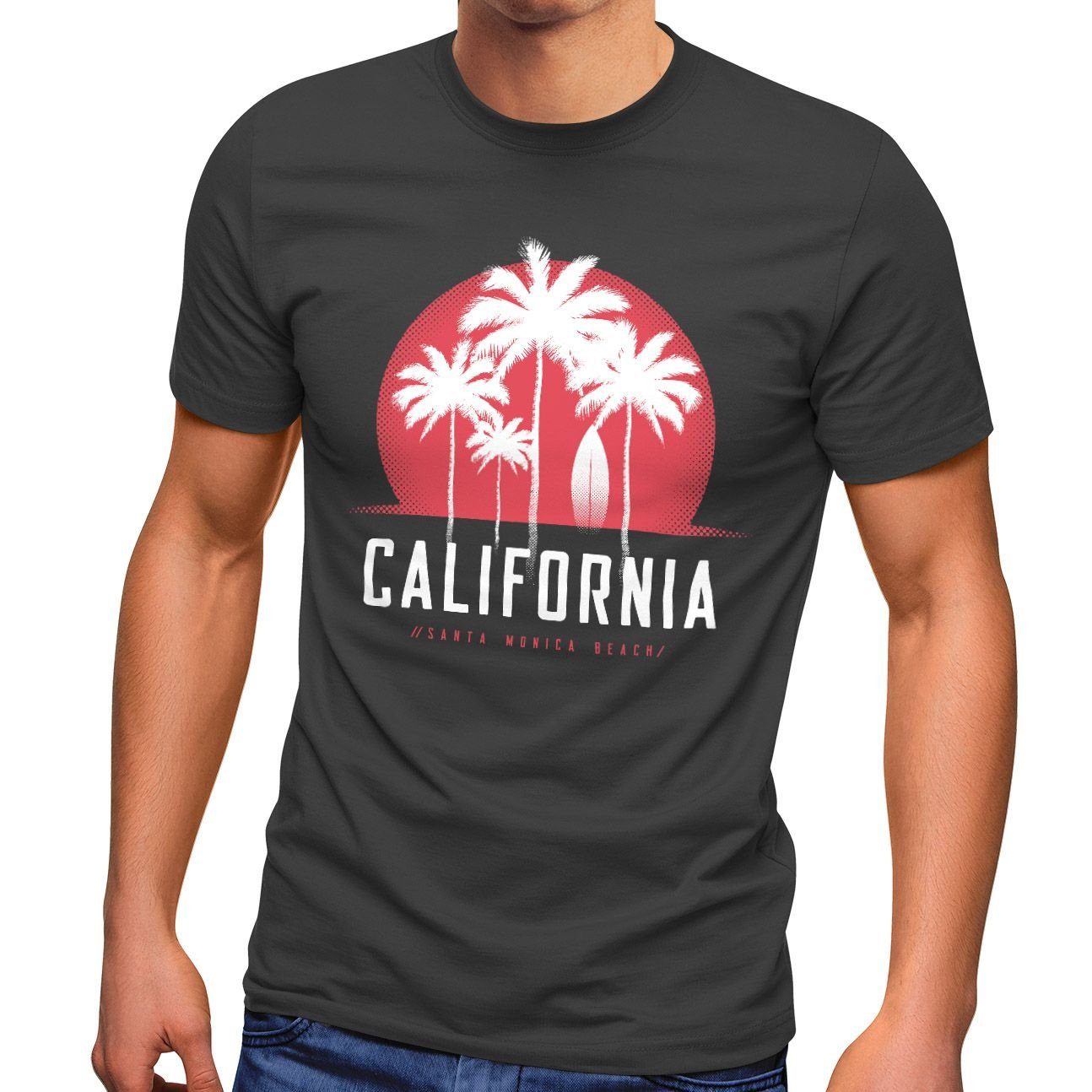Neverless Print-Shirt Herren T-Shirt California Palmen Santa Monica Beach Sommer Sonne Fashion Streetstyle Neverless® mit Print schwarz