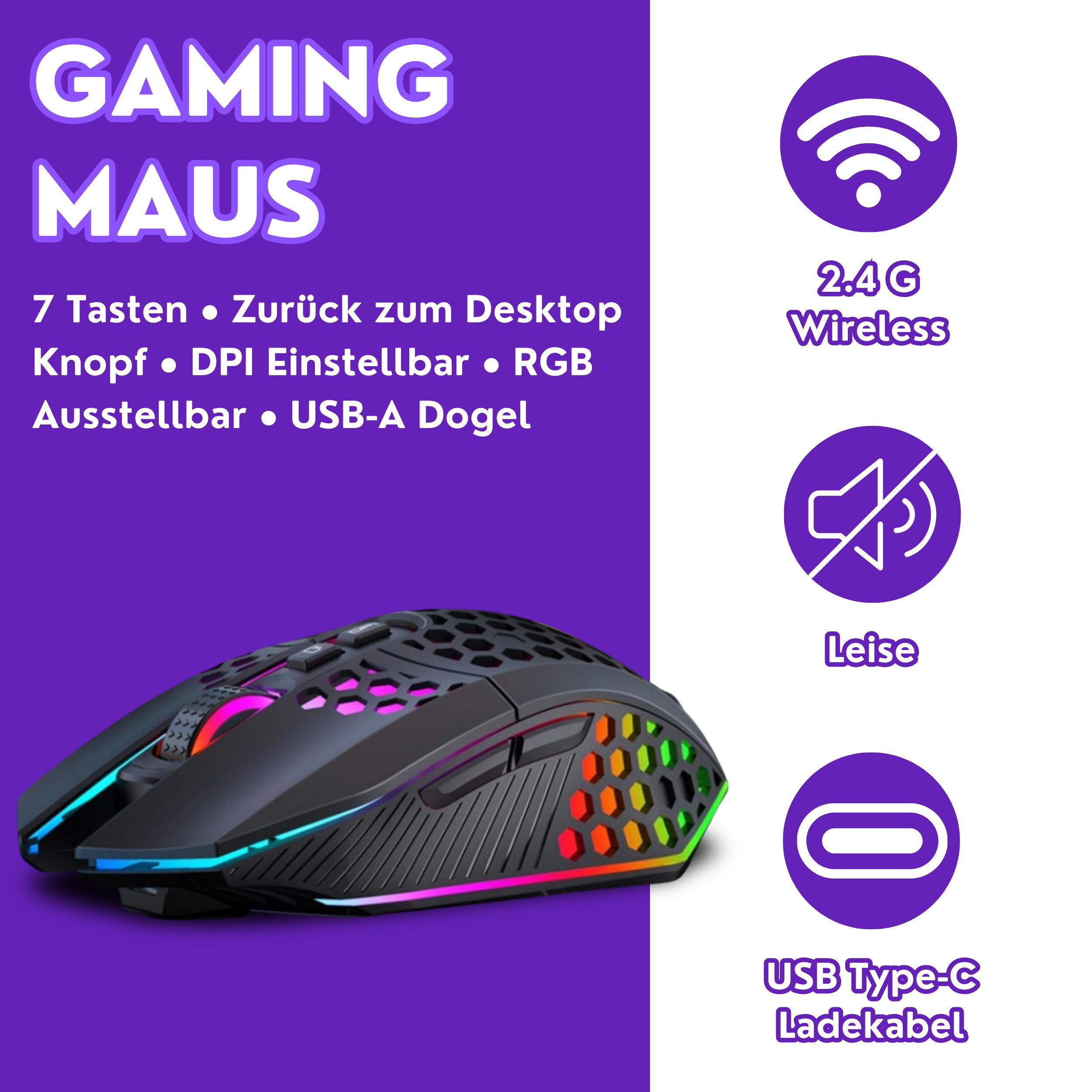 RUHE RGB Gaming Maus Kabellos Wireless Leise Weiß Schwarz USB Fixed RGB Gaming-Maus (Funk, bis zu 120h Akkulaufzeit Wireless Gamer Maus für PC, Mac, Laptop, Wei – Bild 2 von 5