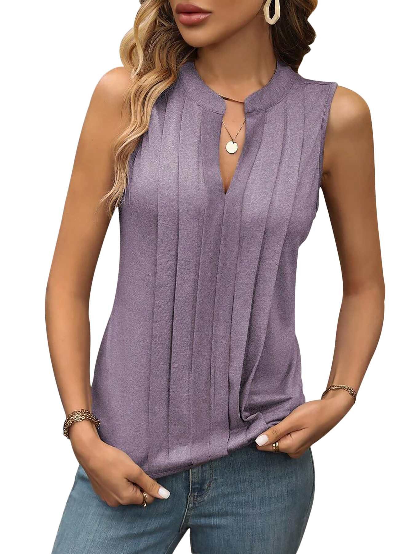 DEBAIJIA Kurzweste Damen Tank Top Plissee V-Ausschnitt Ärmellos T-Shirt Sommer Elegant