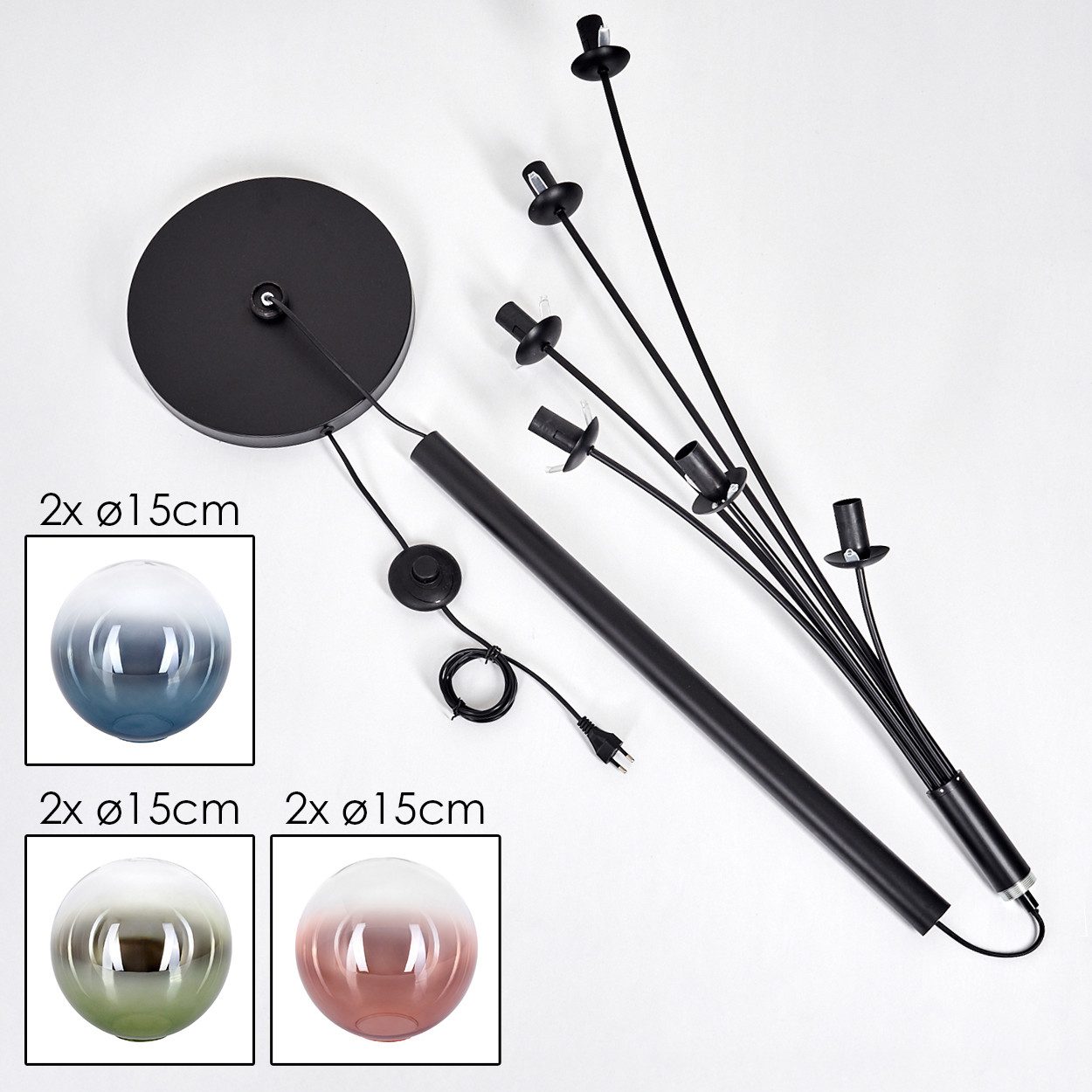 hofstein Stehlampe Stehlampe aus Metall/Glas in Schwarz/Blau/Grün/Kupfer/Klar, Stehleuchte im Retro-Design (Schirme 15cm), Fußschalter, 168cm, E14