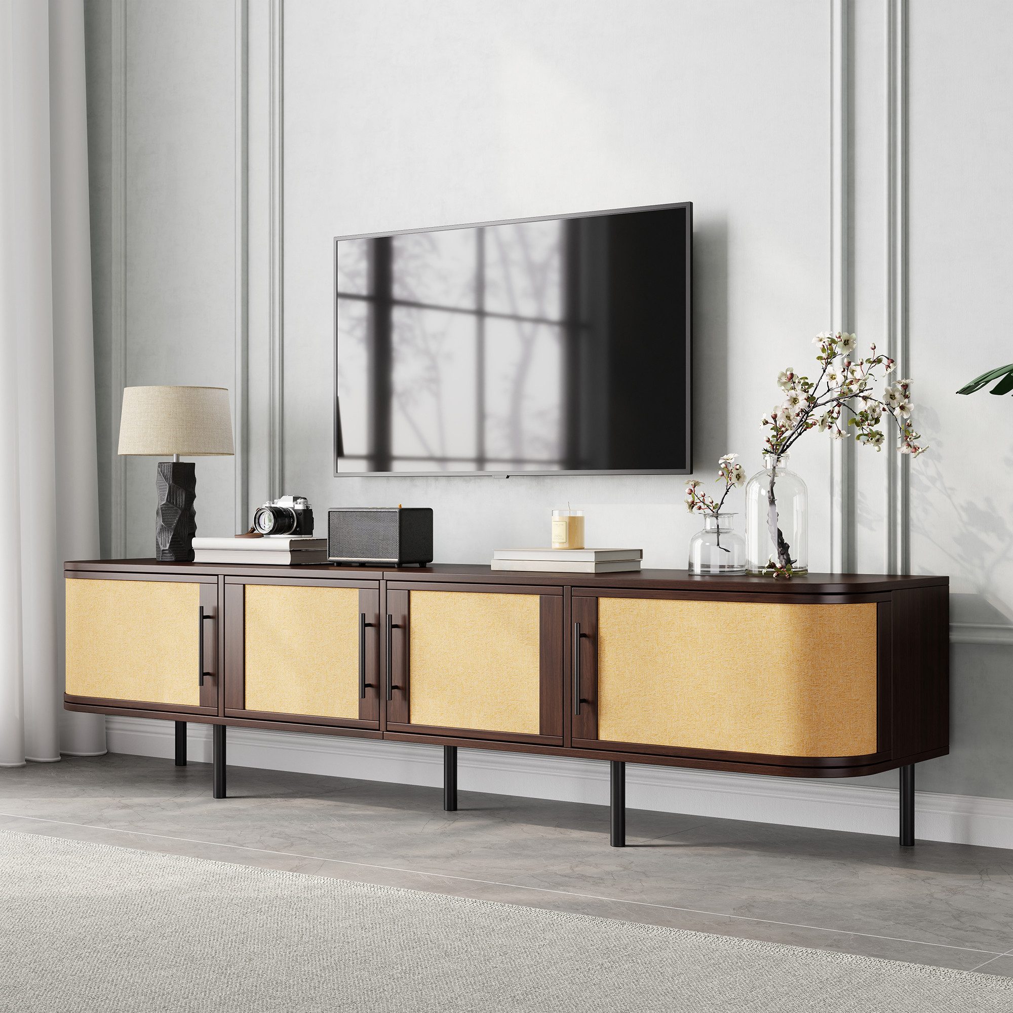 Merax Lowboard mit Flechtfront, schwarzer Griffen und Eisenfüßen (1 St), TV-Schrank mit 4 Türen & Stauraum, Fernsehtisch, 180Lx40Bx45Hcm