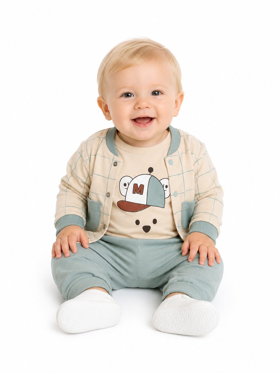 Erstausstattungspaket Baby Jungen Outfit, 3er Set: Jacke, Langarmshirt, Hose, 100% Baumwolle