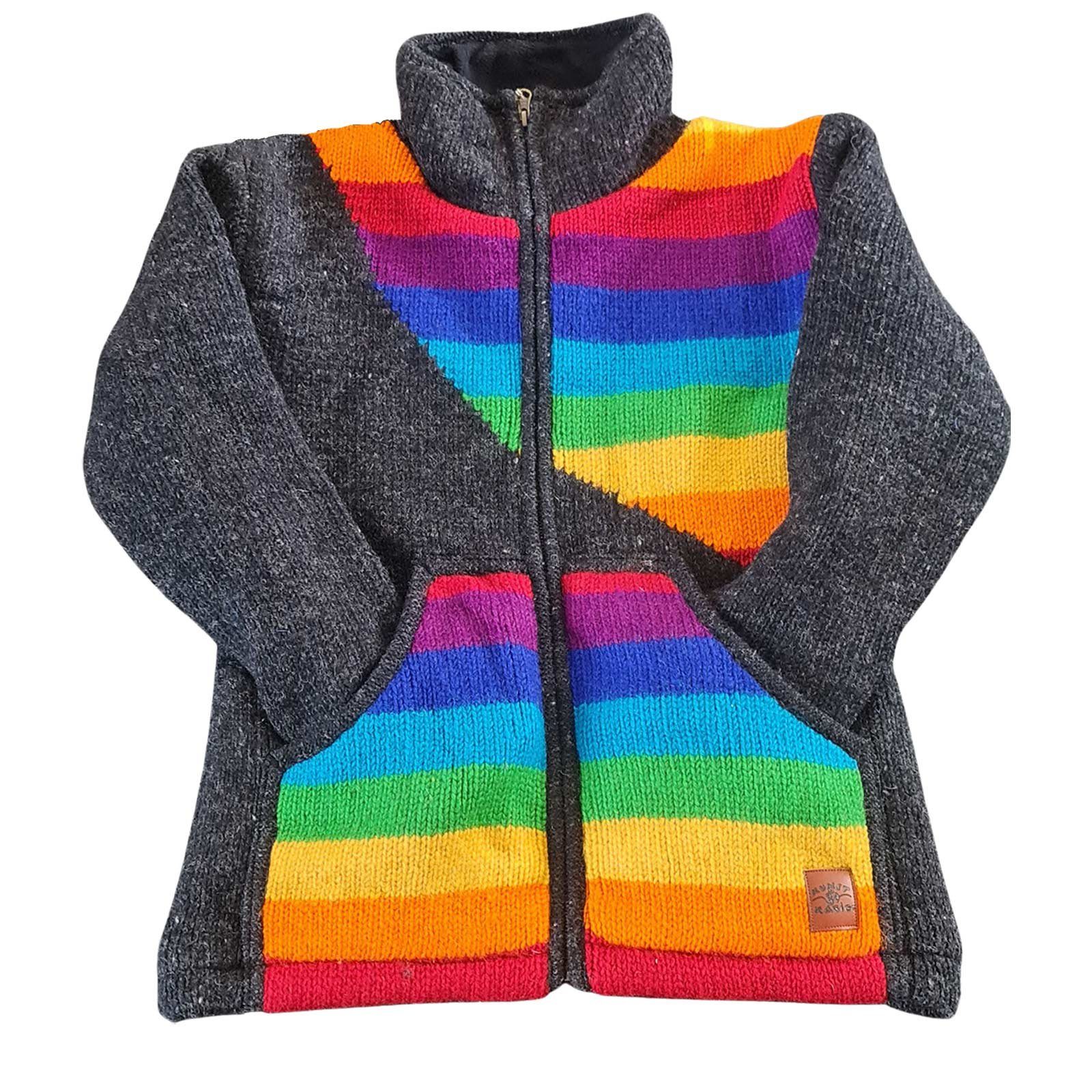 KUNST UND MAGIE Kapuzenstrickjacke Herren Strickjacke Wolle Jacke Regenbogen Winterjacke Bunt Gefüttert