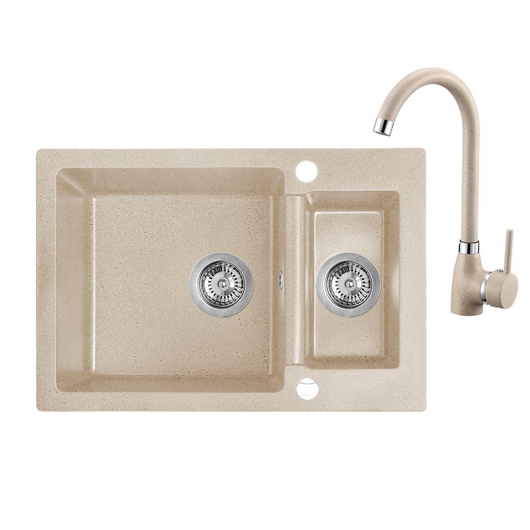 KOLMAN Küchenspüle Celia Set Doppelbecken Granitspüle und Spültischarmatur, Rechteckig, 44/65 cm, Beige | Spülbecken