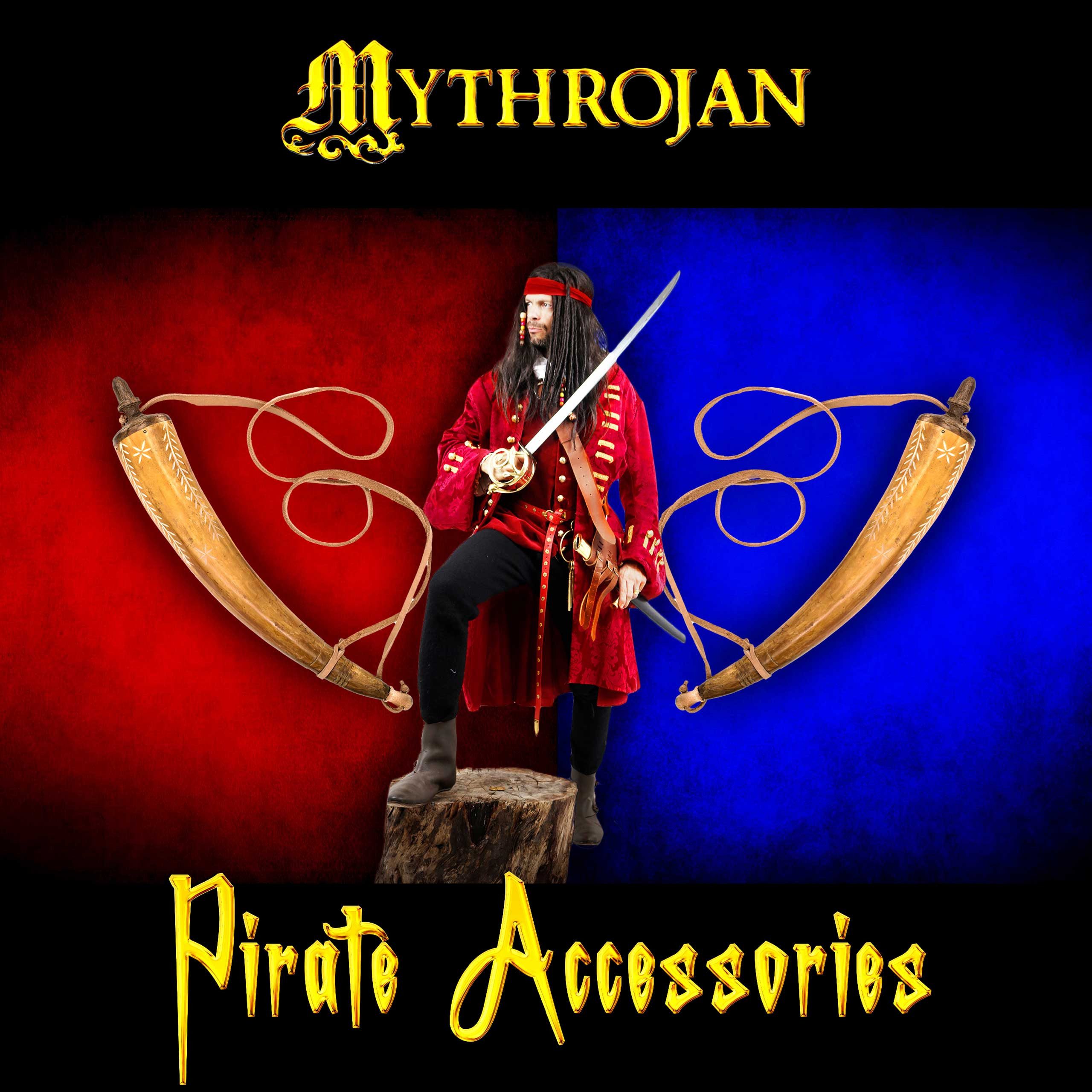 Mythrojan Ritter-Kostüm Geschnitztes Pulverhorn mit Lederriemen