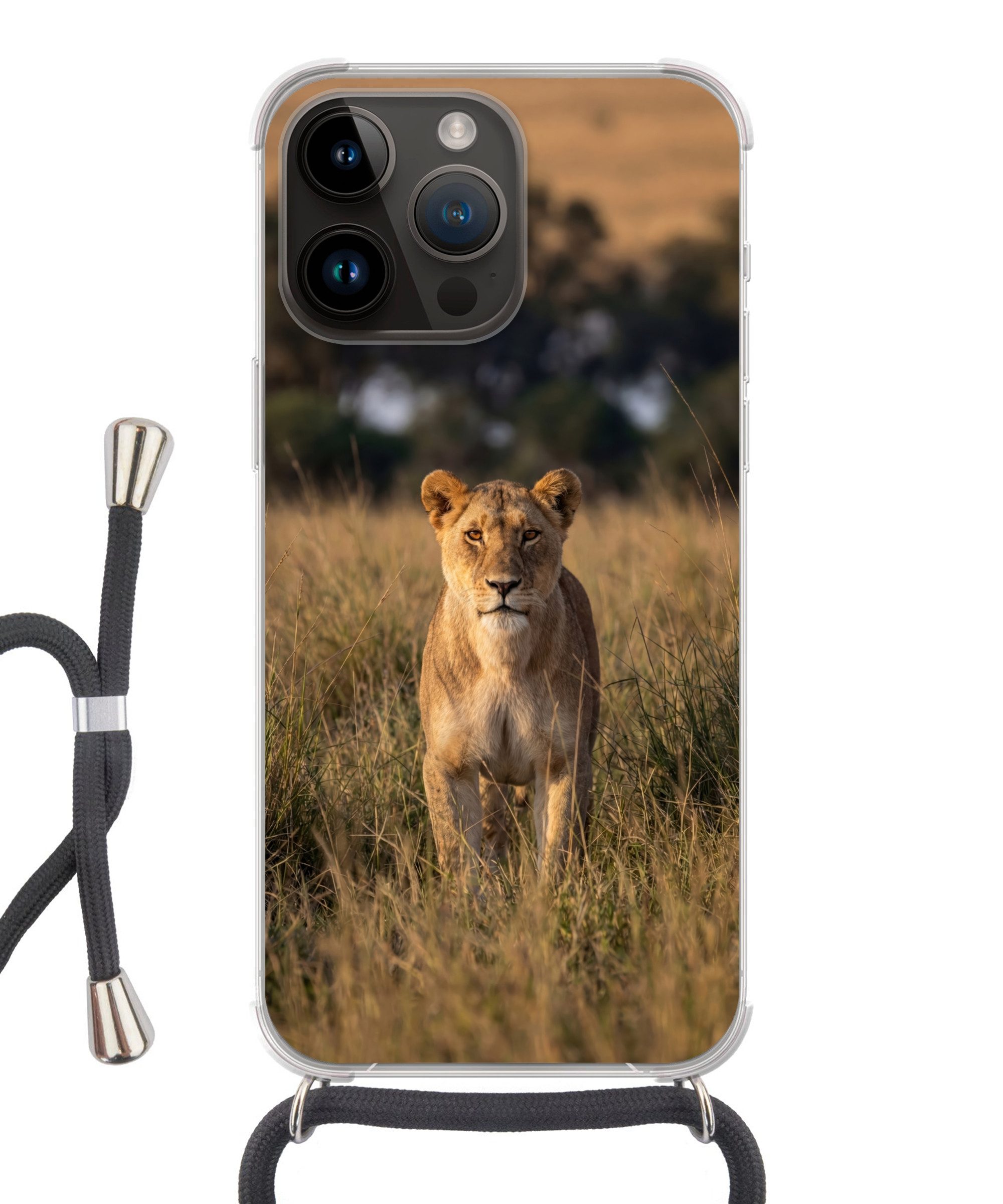 MuchoWow Handyhülle für Apple iPhone 14 Pro Löwin - Gras - Gelb, Tragbare Handyhüllen mit Kette zum umhängen, Handykette Handyband