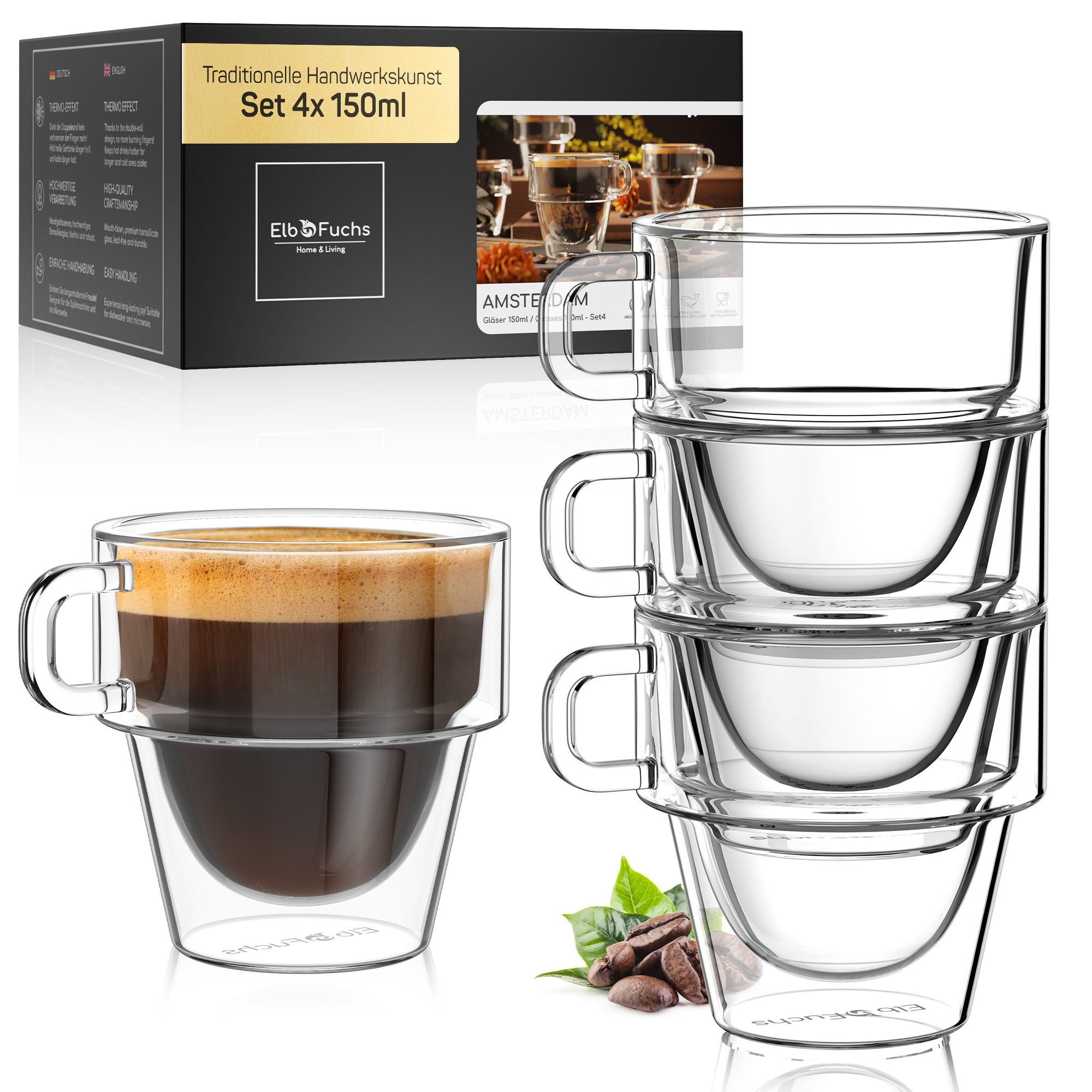 ElbFuchs Espressoglas Amsterdam, 150 ml, Borosilikatglas, 4-tlg., Borosilikatglas, Doppelwandiger Thermoeffekt, mit Henkel, stapelbar