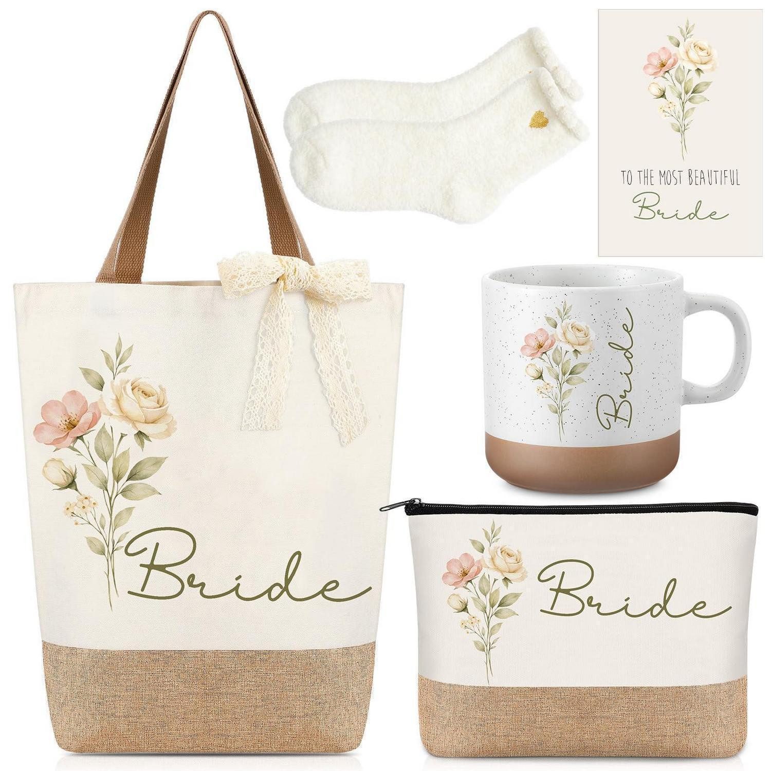 LuxusKollektion Geschenkbox Braut Geschenkset 6-teilig Blumen Tragetasche Becher Socken