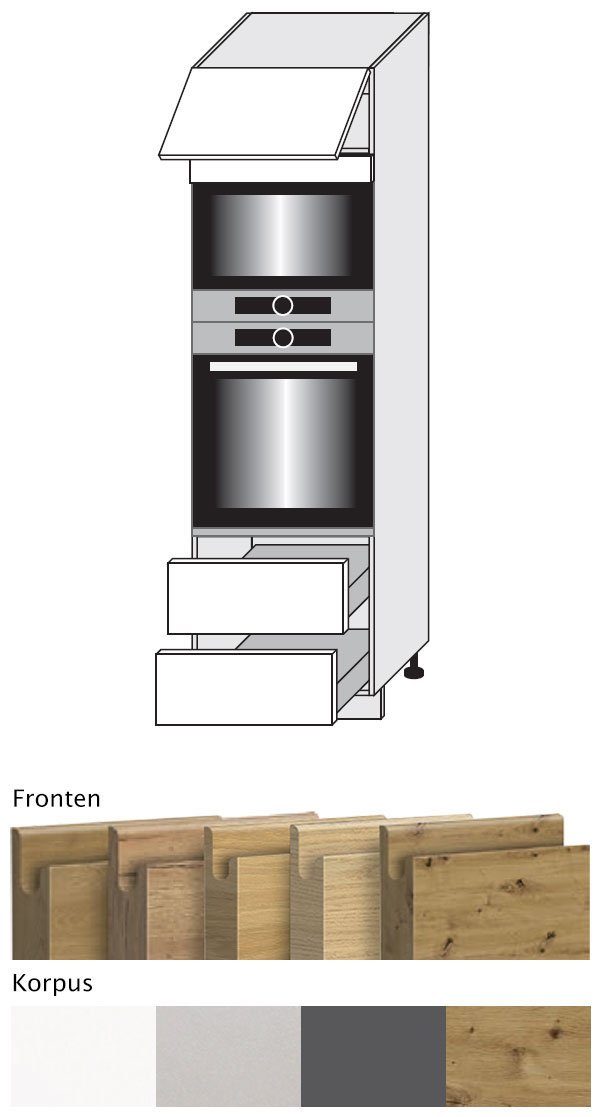 wählbar Backofenumbauschrank Front- Hickory Natur 60cm Arezzo (Vollauszug) & 2 Korpusfarbe Feldmann-Wohnen grifflos Schubladen