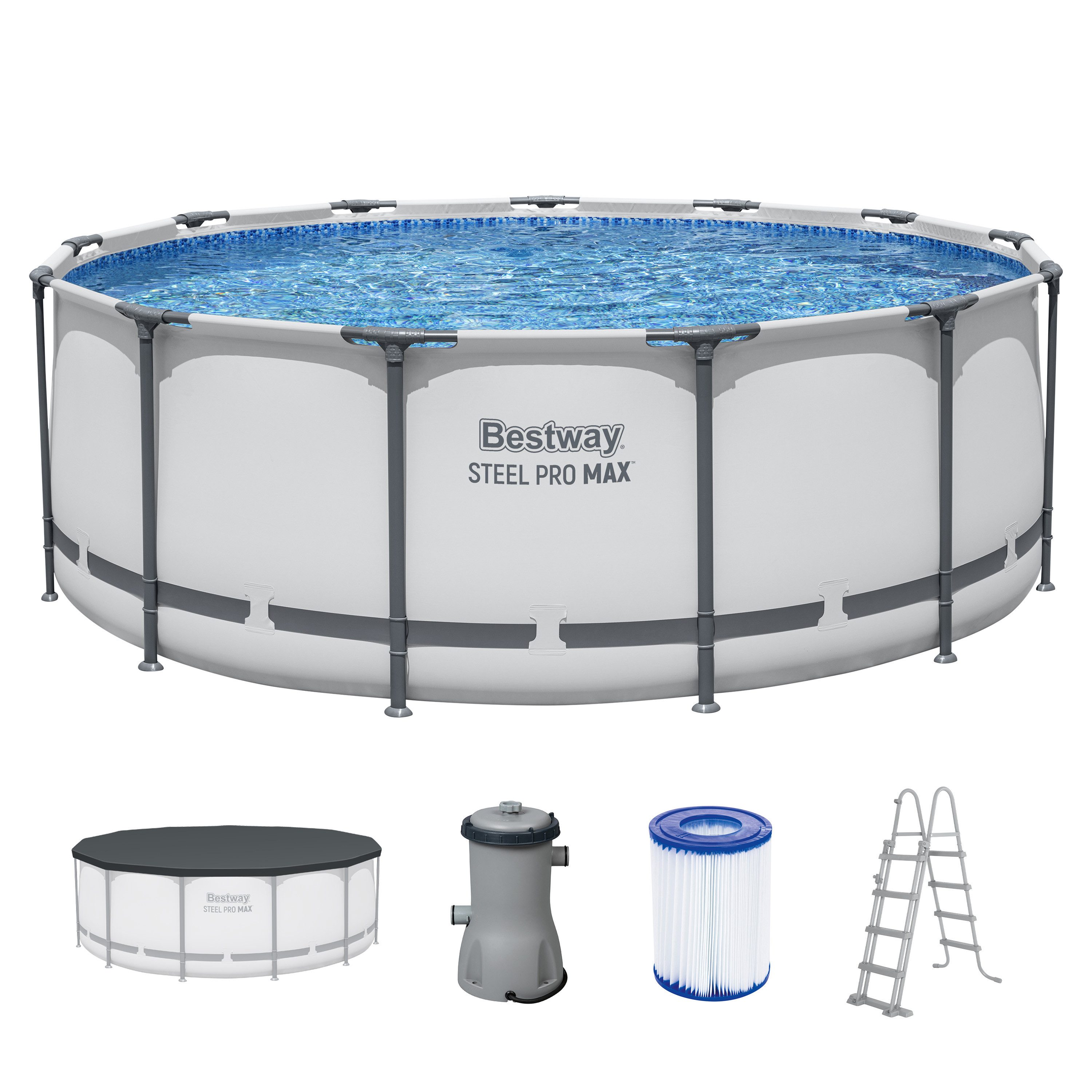 Bestway Framepool Steel Pro MAX™ (Set, Inkl. Filterpumpe, Sicherheitsleiter, Abdeckplane), Ø 396 x 122 cm