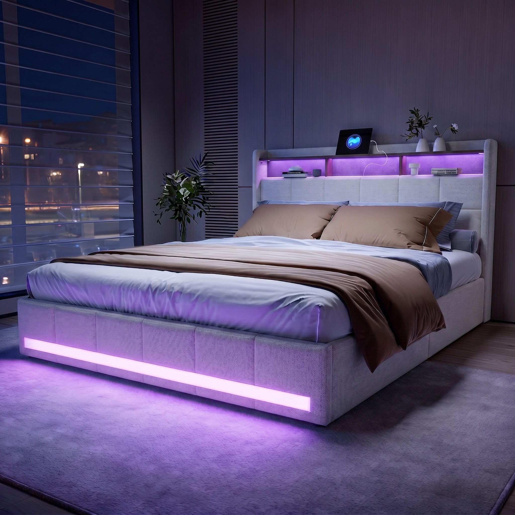 PXloue Polsterbett LED Doppelbett Stauraumbett, mit USB-Laden und Stauraum am Kopfteil,Leinen,160x200 cm