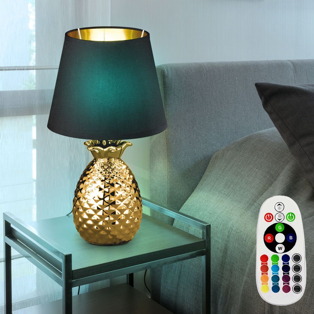 etc-shop LED Tischleuchte, Leuchtmittel inklusive, Warmweiß, SCHWARZ Tisch Textil Fernbedienung Ananas GOLD Lampe Nacht Farbwechsel