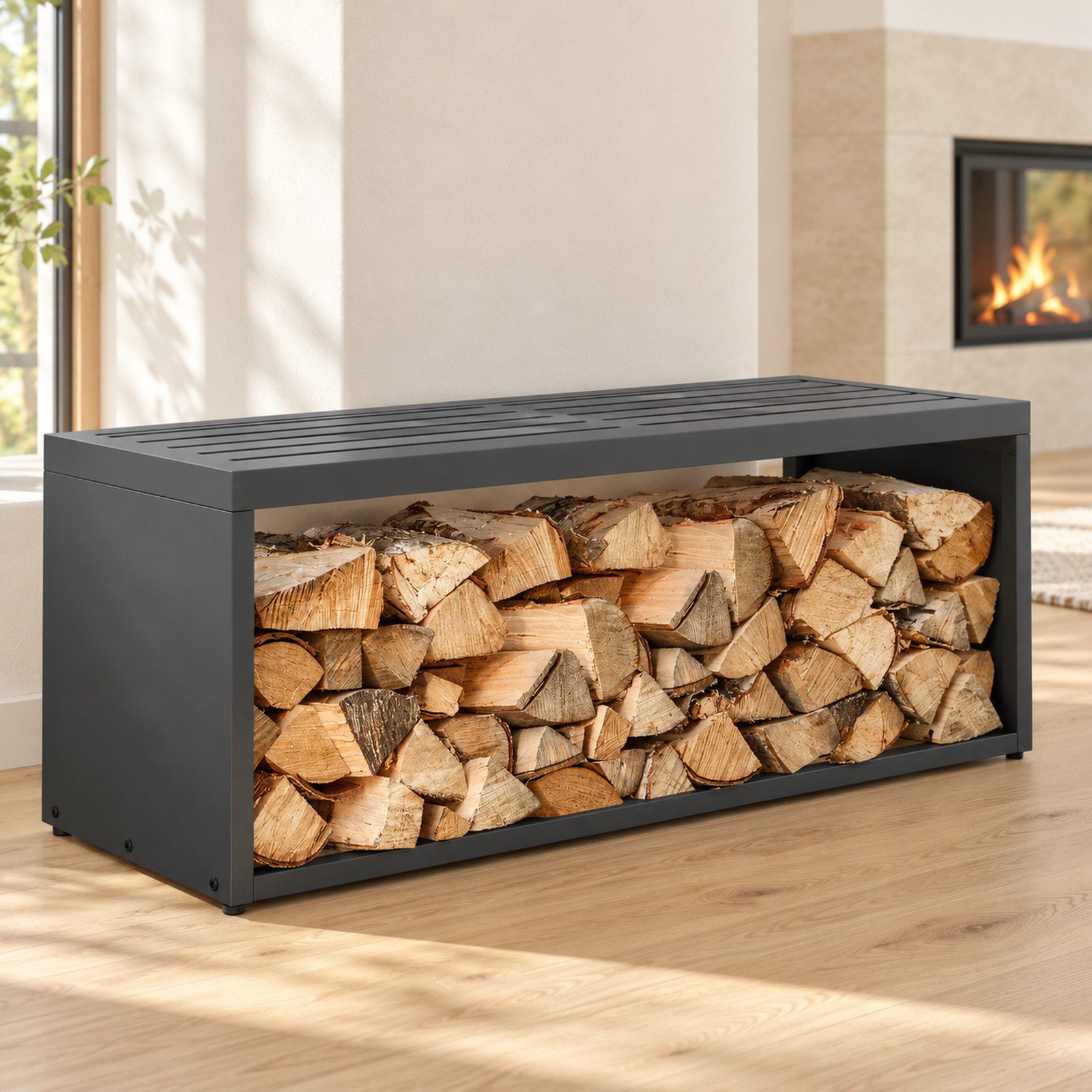 HAGO Kaminholzregal Feuerholzregal Kaminholz Holzlager Stapelhilfe Sitzbank Gartenbank, BxTxH:120x38x43 cm, 2in1 Sitzbank & Holzlager, wetterfest, 220kg, Anthrazit, Muster