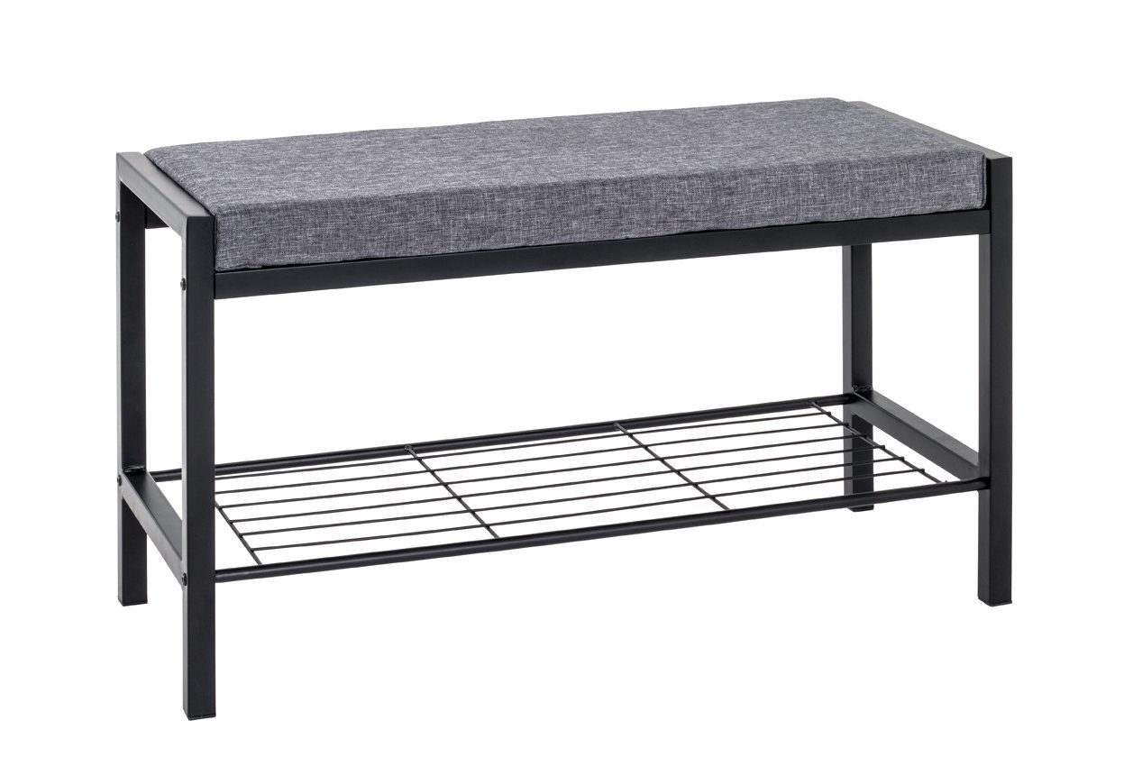 möbelando Sitzbank Alia, Schuhbank Stahl in schwarz lackiert, Sitz gepolstert Textilgewebe in grau
