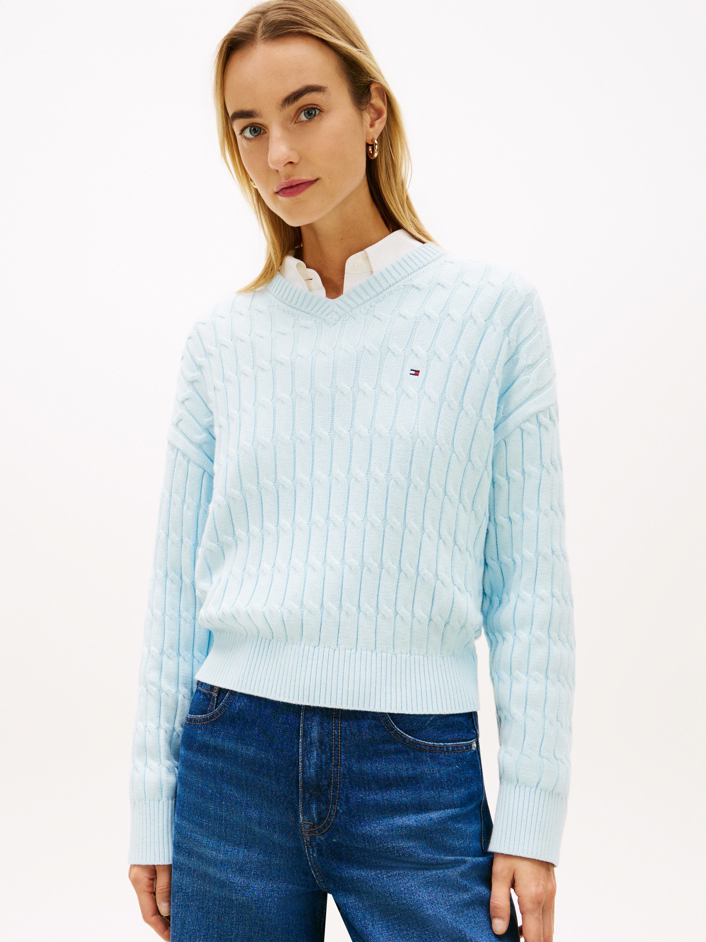 Tommy Hilfiger Strickpullover CO CABLE MID GG RLX LS V-NK SWT mit Zopfmuste günstig online kaufen