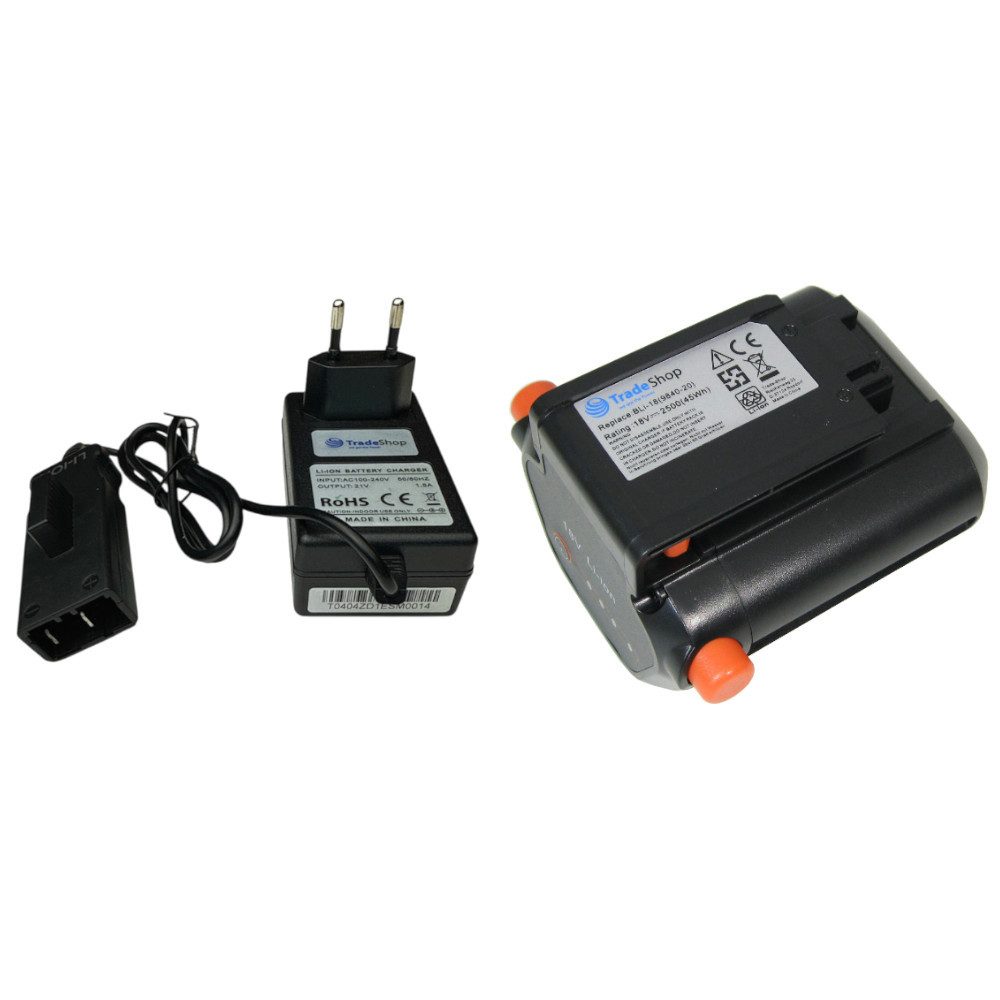 Trade-Shop 2in1 Set: Li-Ion Akku 18V 2000mAh + Ladegerät Netzteil (Passend für Gardena 8833-20, 9840-20, 9839-20, 08833-20, BLi-18)