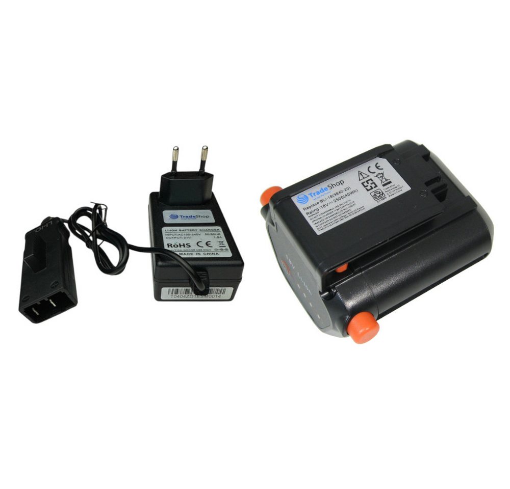 Trade-Shop 2in1 Set: Li-Ion Akku 18V 2000mAh + Ladegerät Netzteil (Passend für Gardena 8833-20, 9840-20, 9839-20, 08833-20, BLi-18)