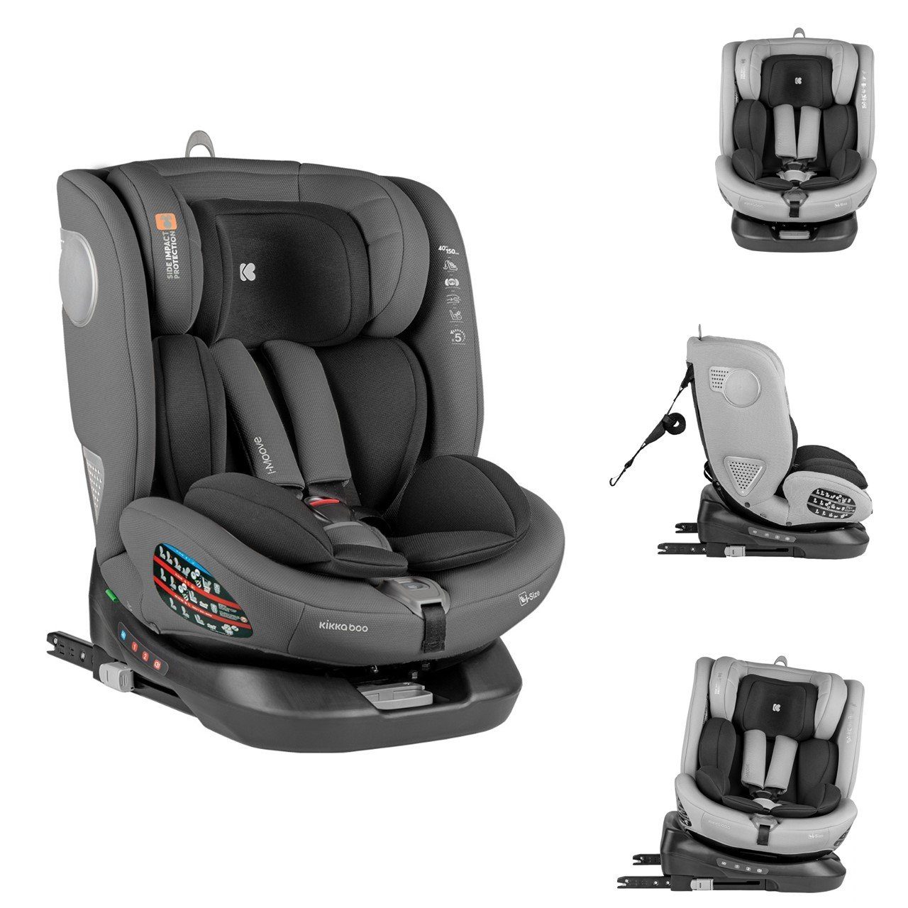 Kopfstütze Kindersitz i-Size, i-Moove (40-150cm) Autokindersitz Kikkaboo grau 360-Grad-Drehung 36 kg, bis: Isofix