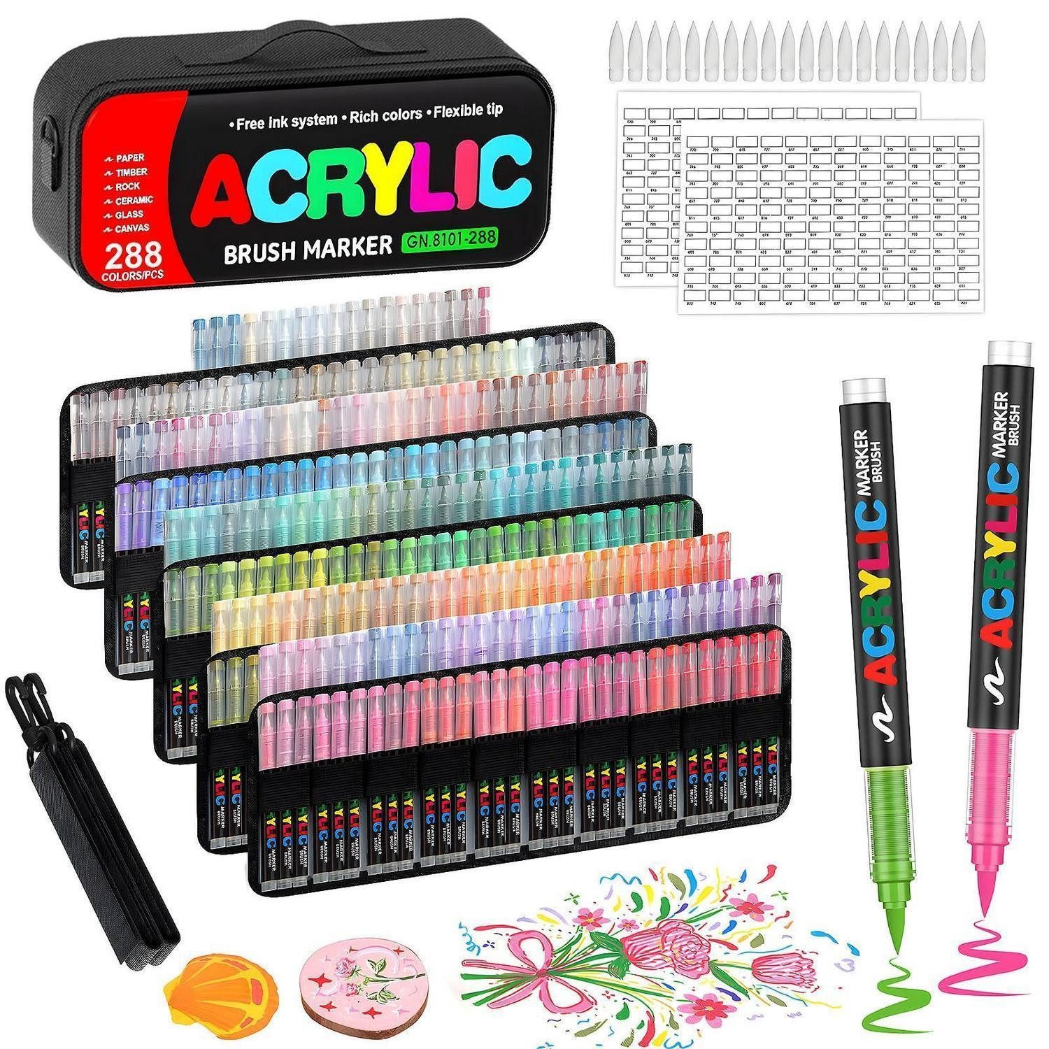 LuxusKollektion Marker Acrylstifte Set 288 Farben Wasserfest Pinselspitze Tasche