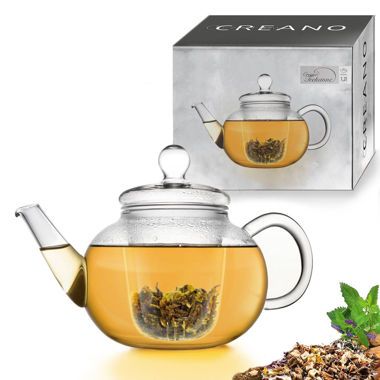 Creano Teekanne Teekanne 1,2 Liter mit Glassieb und Glasdeckel, 1.2 l, 1x Glasteekanne mit Glassieb