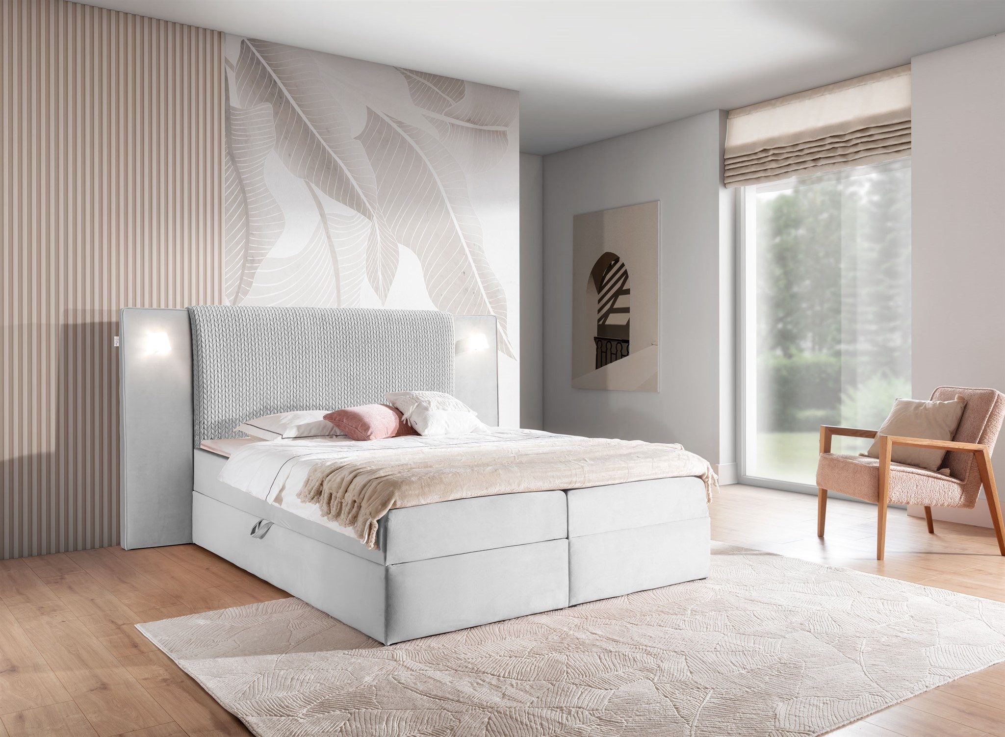 Fun Möbel Boxbett Bett MARTEN Überlänge in Stoff Magic Velvet Set.2 (inkl. Bettkästen und Kaltschaumtopper, inkl. 2 Nachttische und gehärtetes Glas), Ambiente-Beleuchtung mit Touch Funktion im Kopfteil
