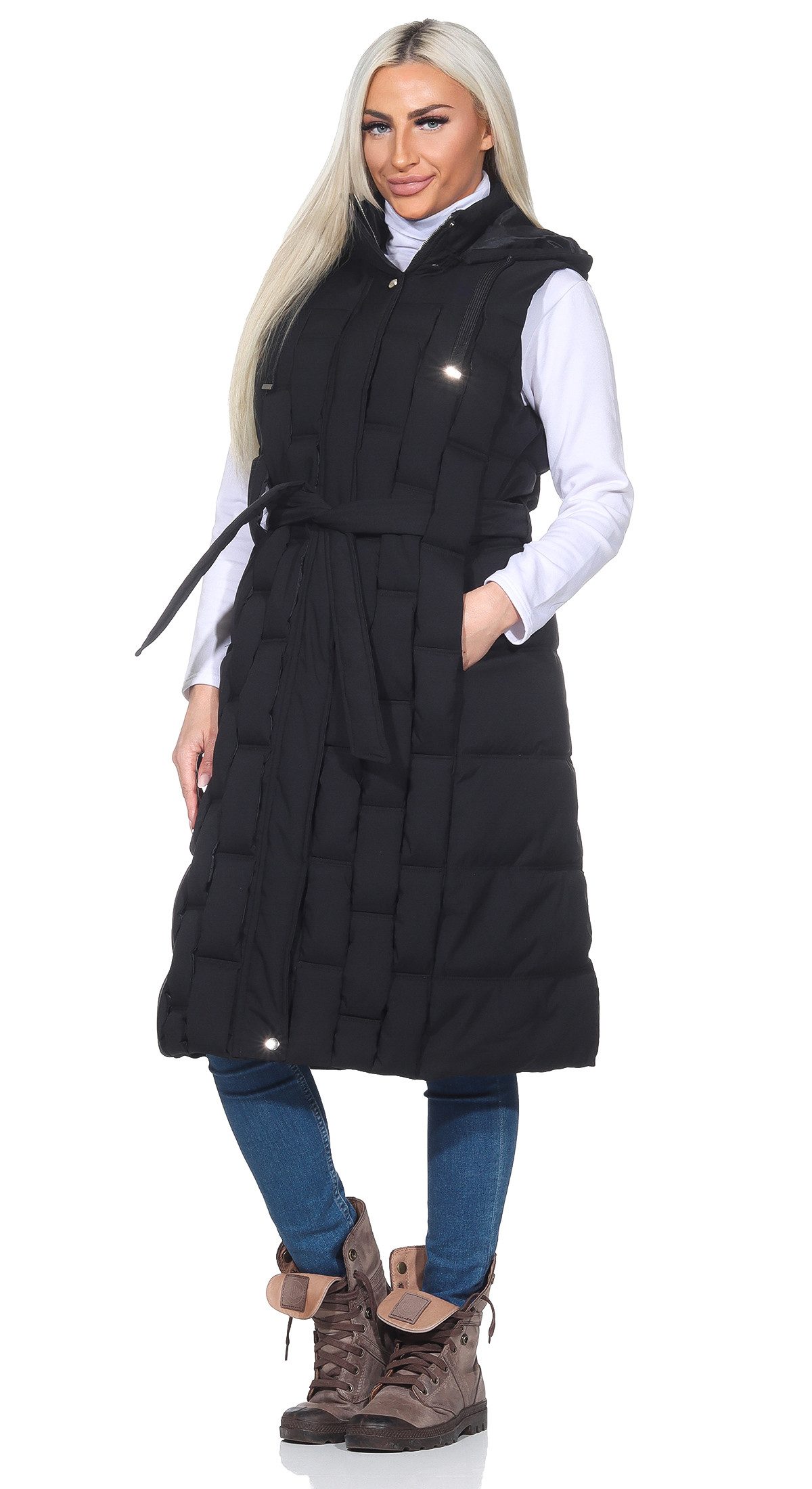 Aurela Damenmode Longweste Damen Steppweste mit Schlaufen-Steppung abnehmbare Kapuze, mit Bindegürtel