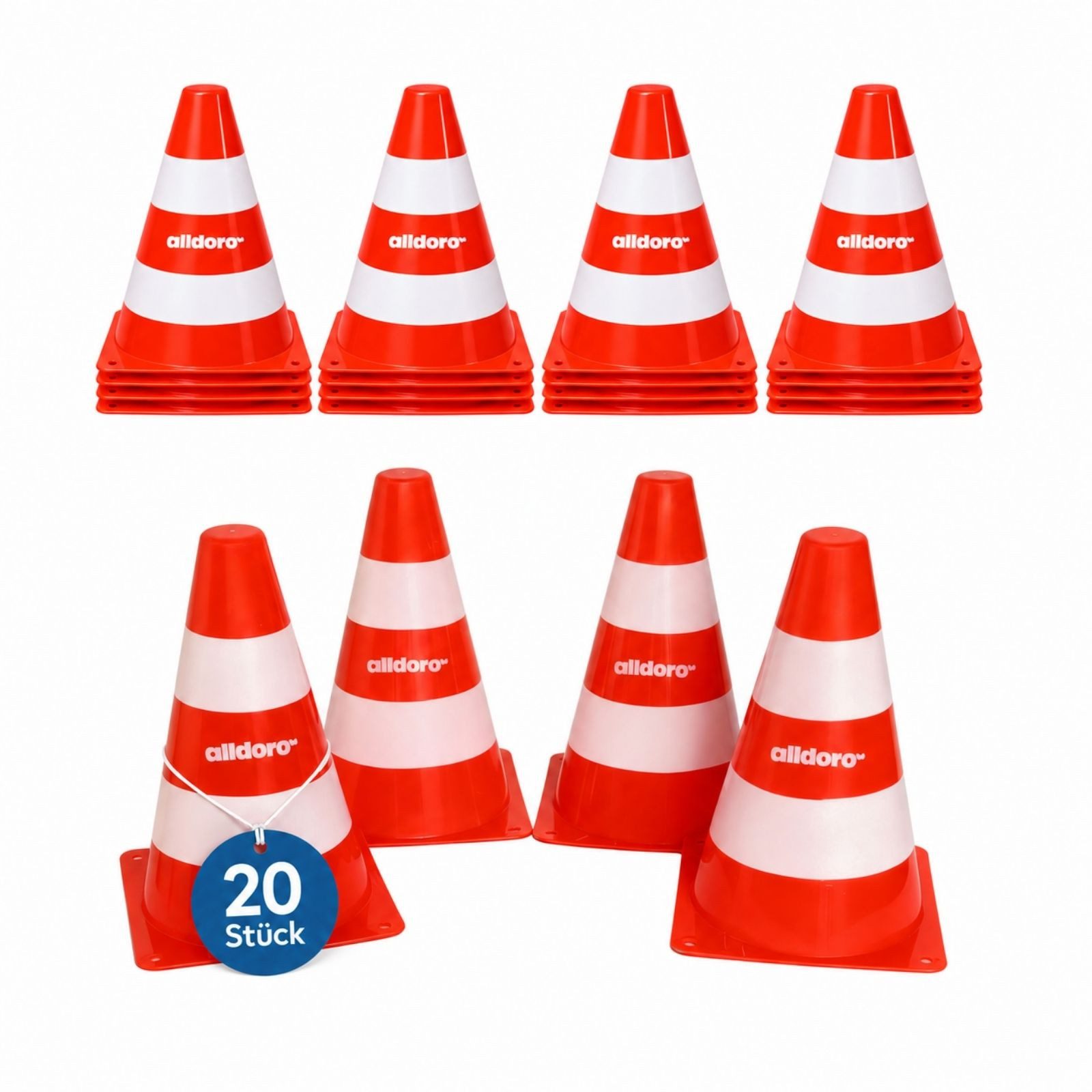 alldoro Pylonen 20er Set für Kinder, Kunststoff-Leitkegel orange-weiß, 18 cm hoch, Verkehrshütchen für Spiel, Sport, Freizeit & Verkehrserziehung