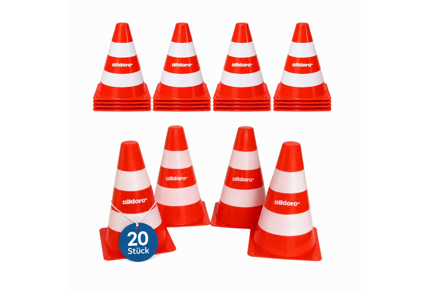 alldoro Pylonen 20er Set für Kinder, Kunststoff-Leitkegel orange-weiß, 18 cm hoch, Verkehrshütchen für Spiel, Sport, Freizeit & Verkehrserziehung