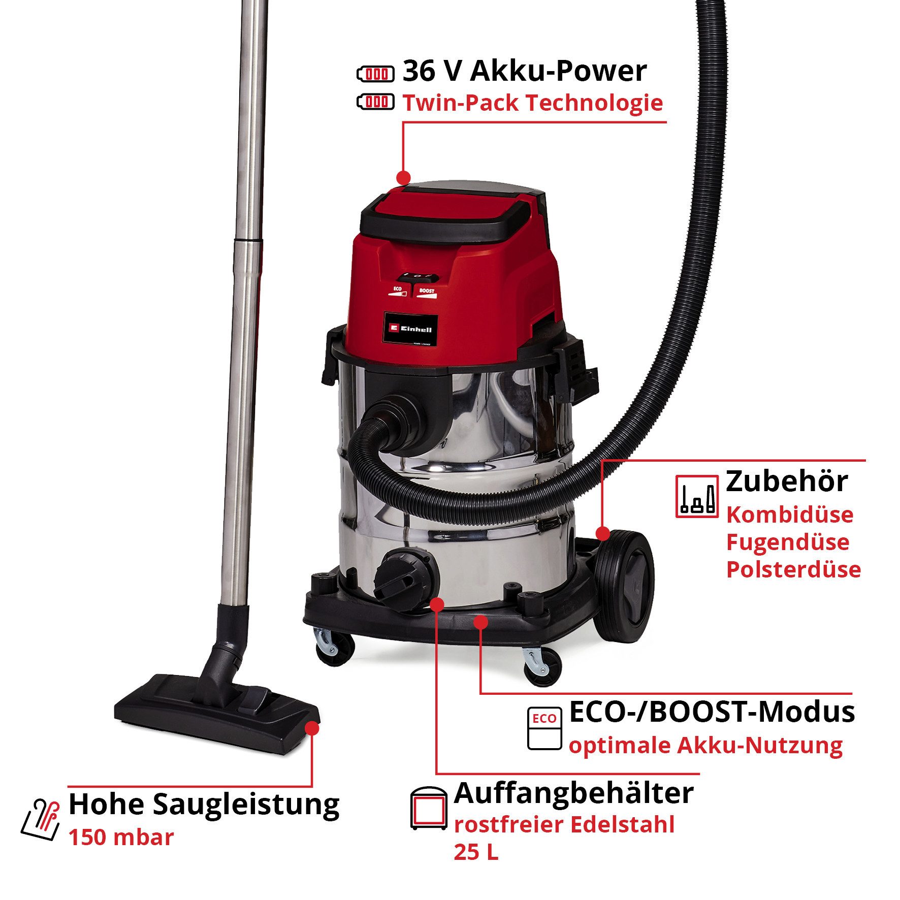 Einhell Nass-Trocken-Sauger TE-VC 36/25 Li S-Solo, 108 W, ohne Akku