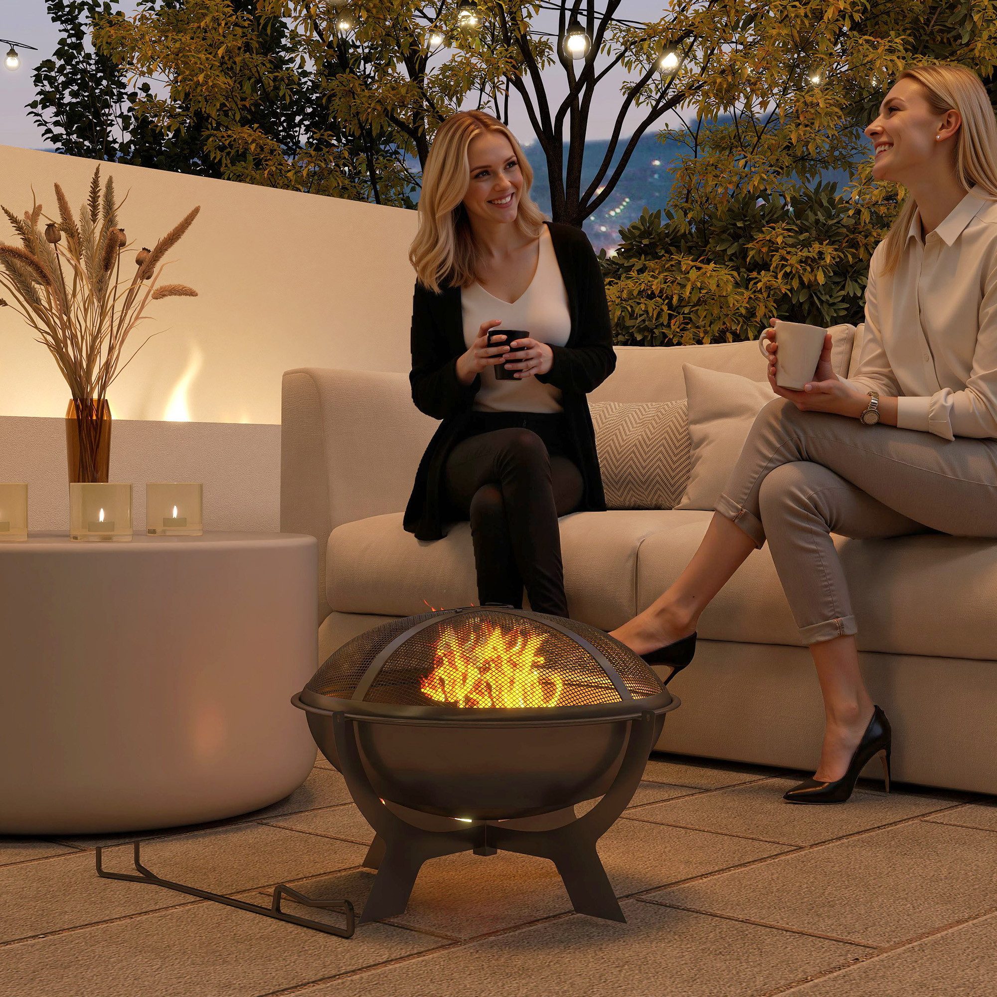 Outsunny Feuerschale Ø54 x 39 cm, mit Funkenschutz, Schürhaken, (Rund Feuer günstig online kaufen