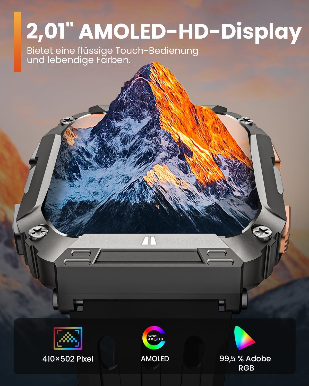 SWGOTA 2026 NEW Smartwatch Herren Militär mit 1000 mAh, 2,01'' AMOLED-Display Smartwatch, Smartwatch Outdoor mit Herzfrequenz/SpO2/Blutdruck/Schlafmonitor