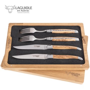 Laguiole en Aubrac Steakmesser Besteck (4 Stück), Olivenholz, matte Klingen