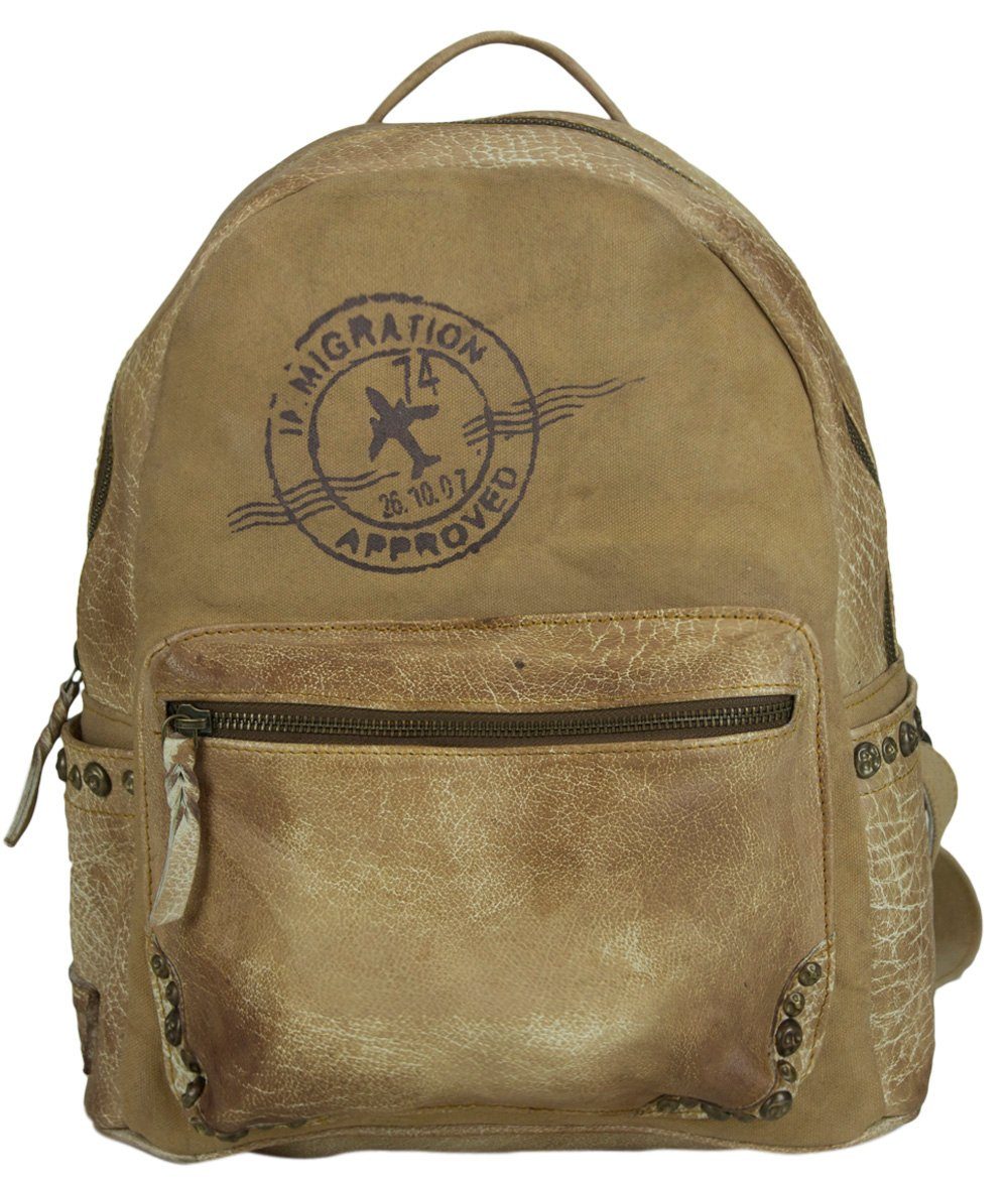 Sunsa Cityrucksack Rucksack Backpack in Retro Still. Schöne Daypack Tasche für Sie/ Ihn, Echte Leder mit Stone wash Canvas, Vintage Aufdruck