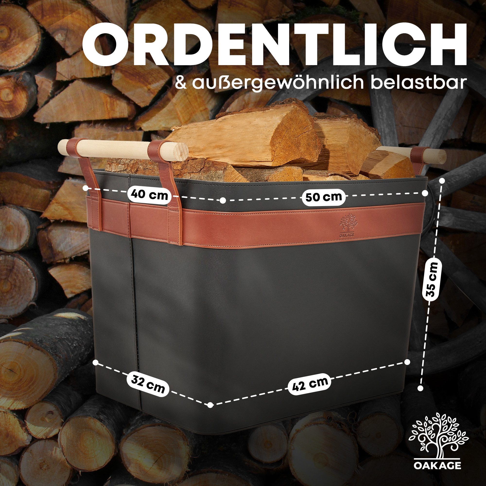 OAKAGE Kaminholzkorb Holzkorb für Kaminholz Groß aus veganem Leder Feuerholzkorb (Set, 1 x Holzkorb + 1 x Zündholzkorb)