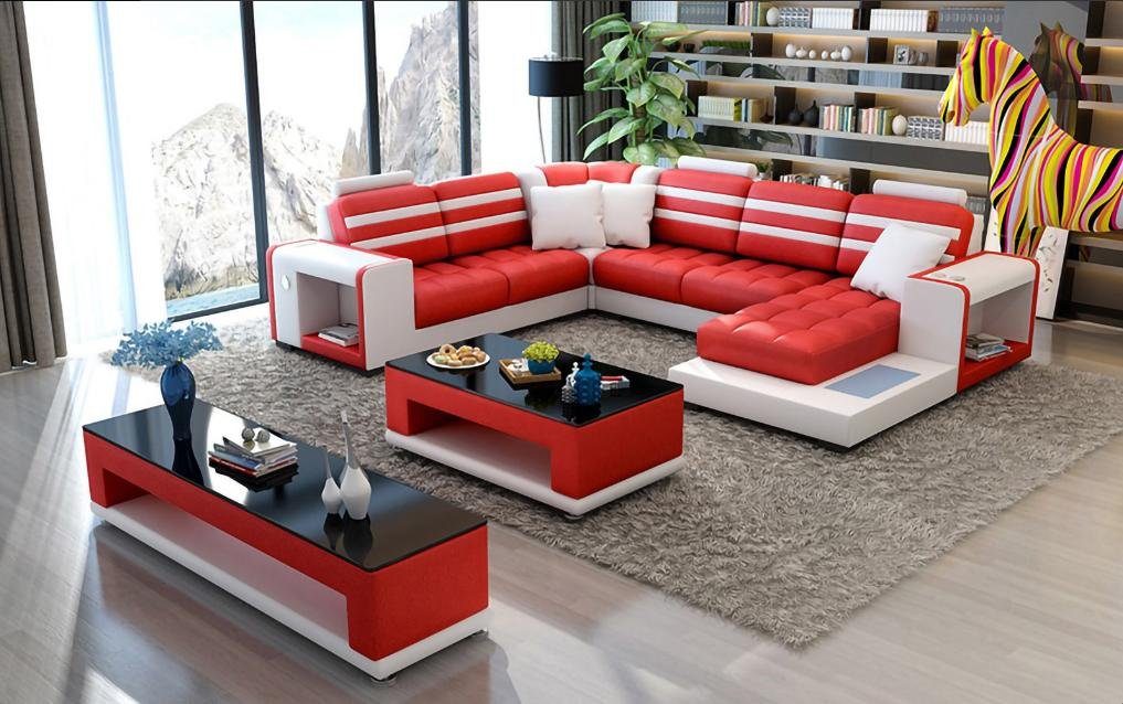 JVmoebel Ecksofa, Ecksofa U-Form Sofa Couch Design Couch Textil Modern Polster Neu Rot/Weiß