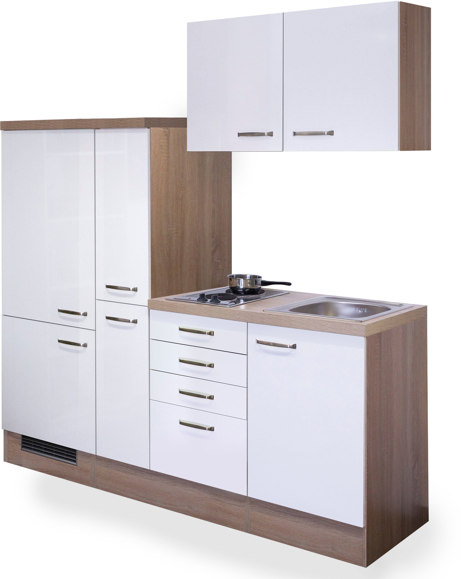 Flex-Well Küche Florenz, Apothekerschrank, 190 Gesamtbreite Einbau-Kühlschrank mit cm, mit