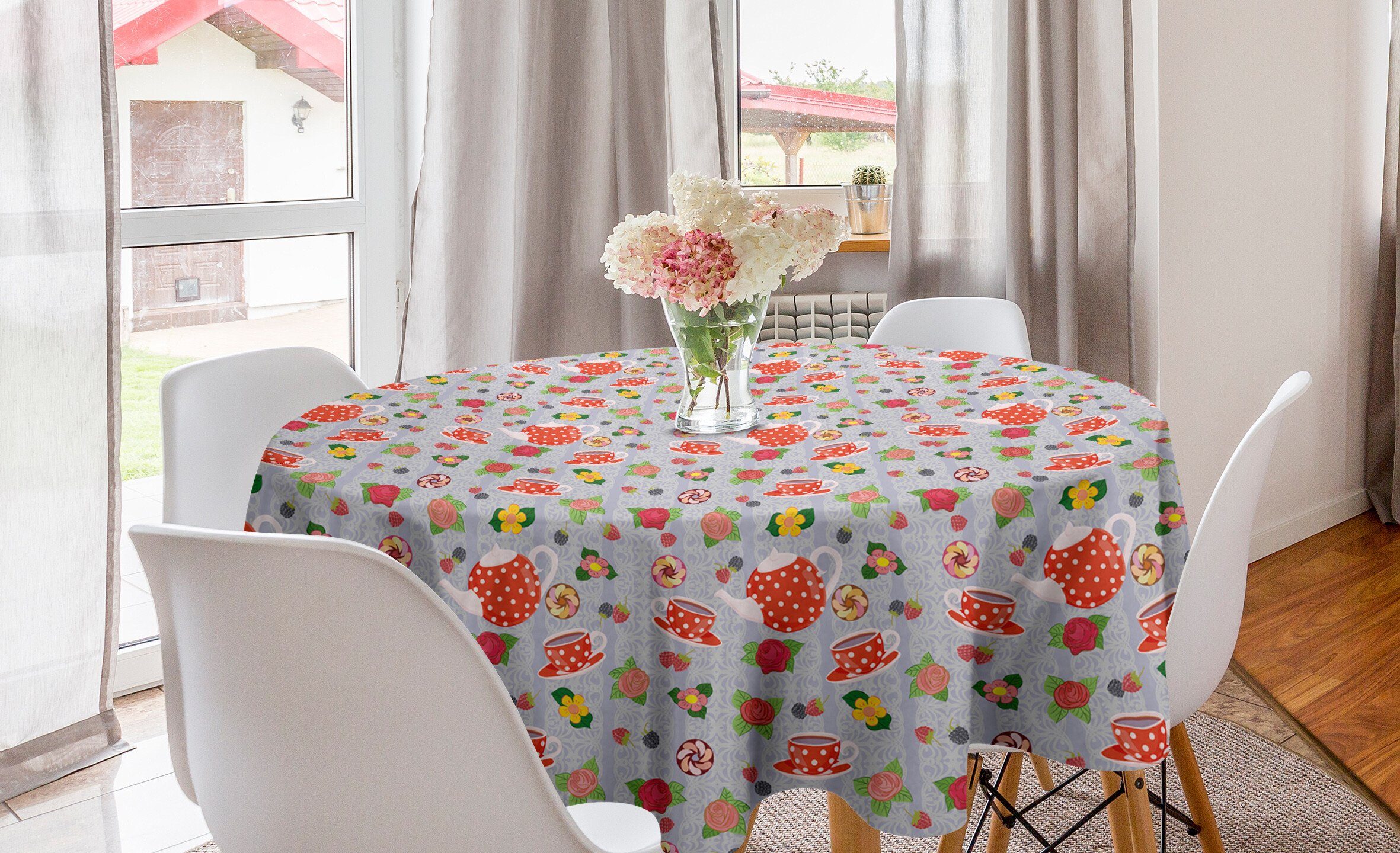 Abakuhaus Tischdecke Kreis Tischdecke Abdeckung für Esszimmer Küche Dekoration, Bunt Cartoon Teetöpfe Roses | Tischdecken